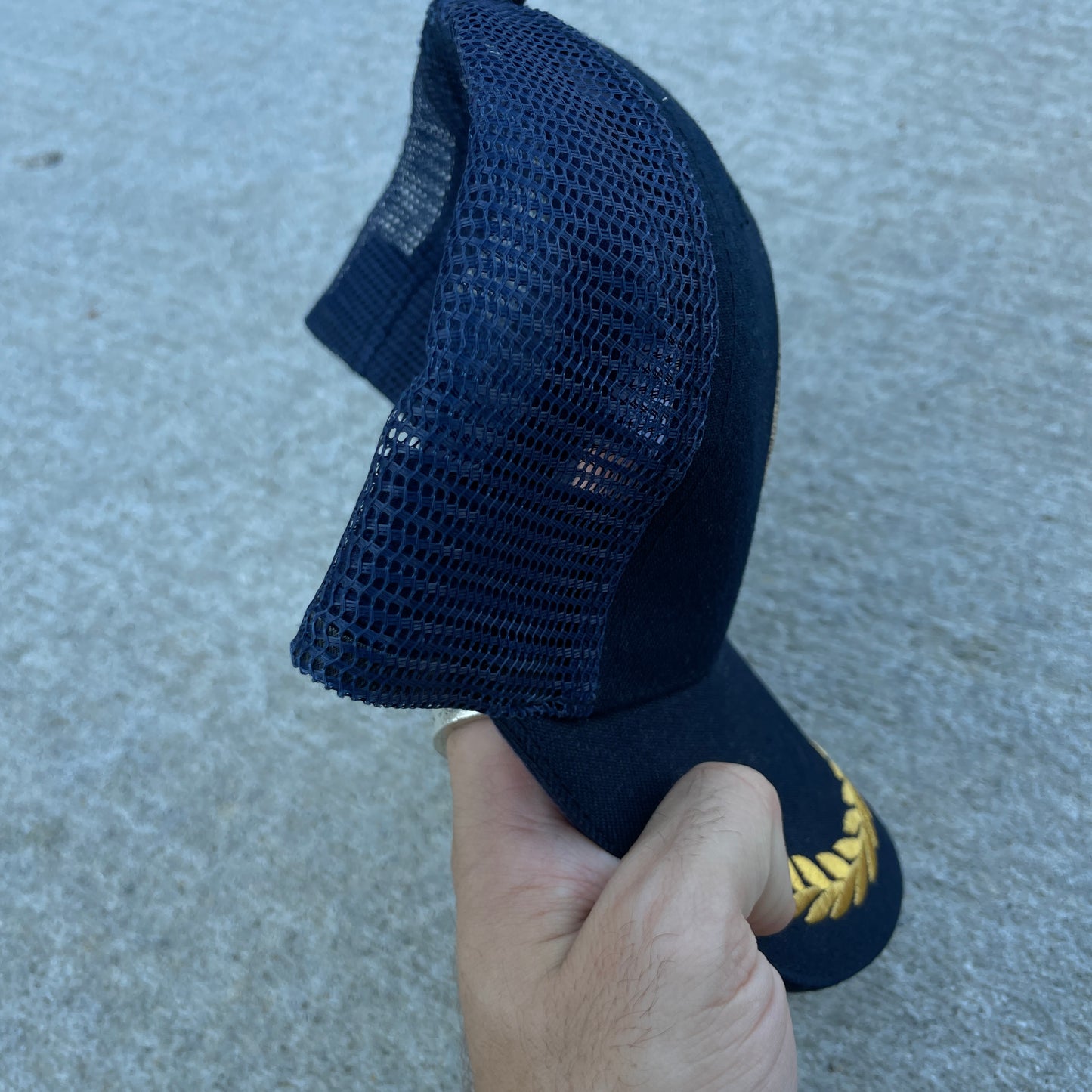 1990s Navy Embroidered Trucker Snapback Hat