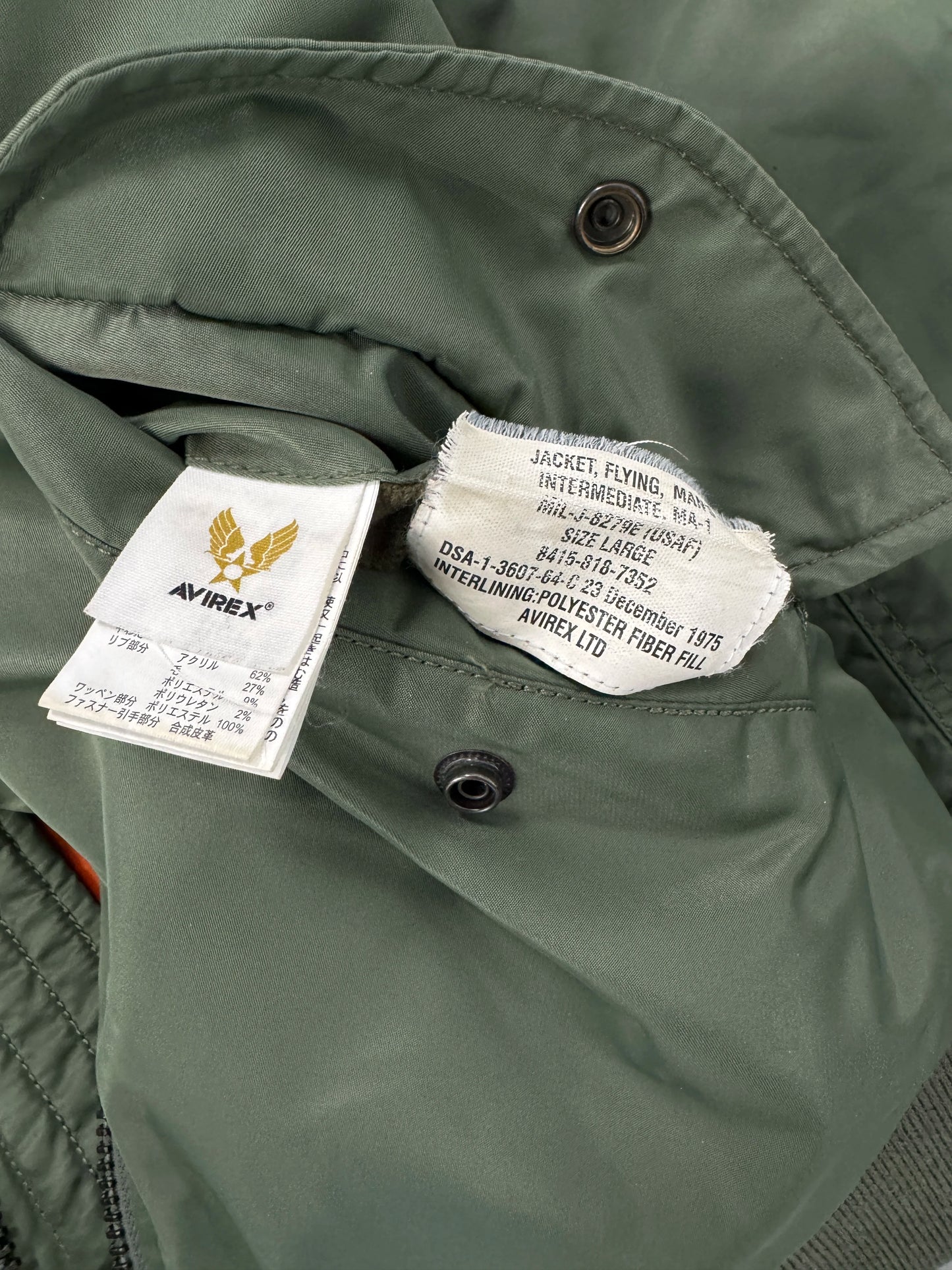 Avirex Green MA-1 Bomber Jacket with Orange Lining [S]