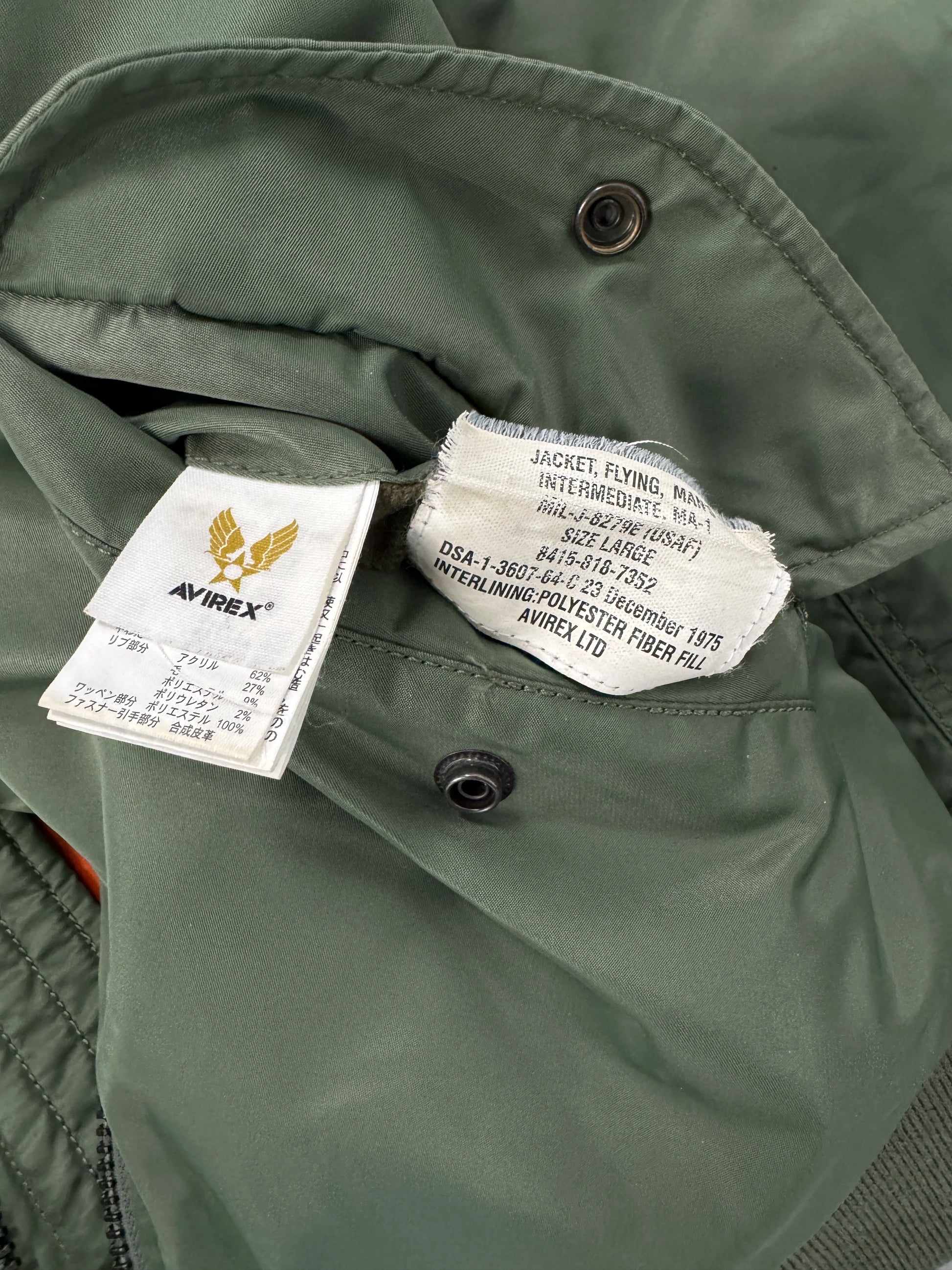 Avirex Green MA-1 Bomber Jacket with Orange Lining [S]