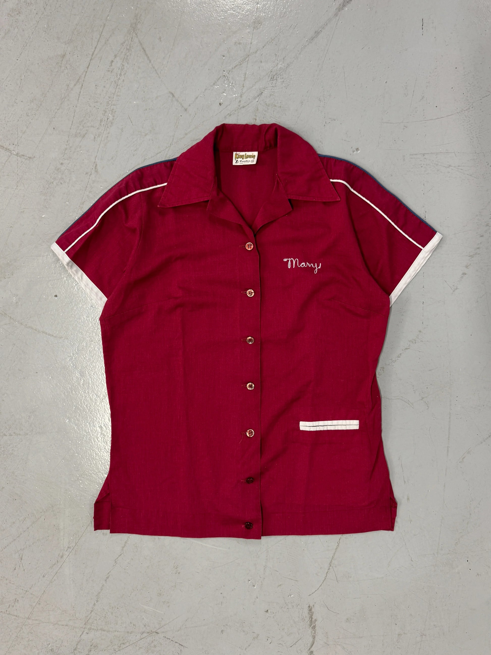 1960s King Louie Red Chainstitch Bowling Shirt "Mary Mudgett" [XS]