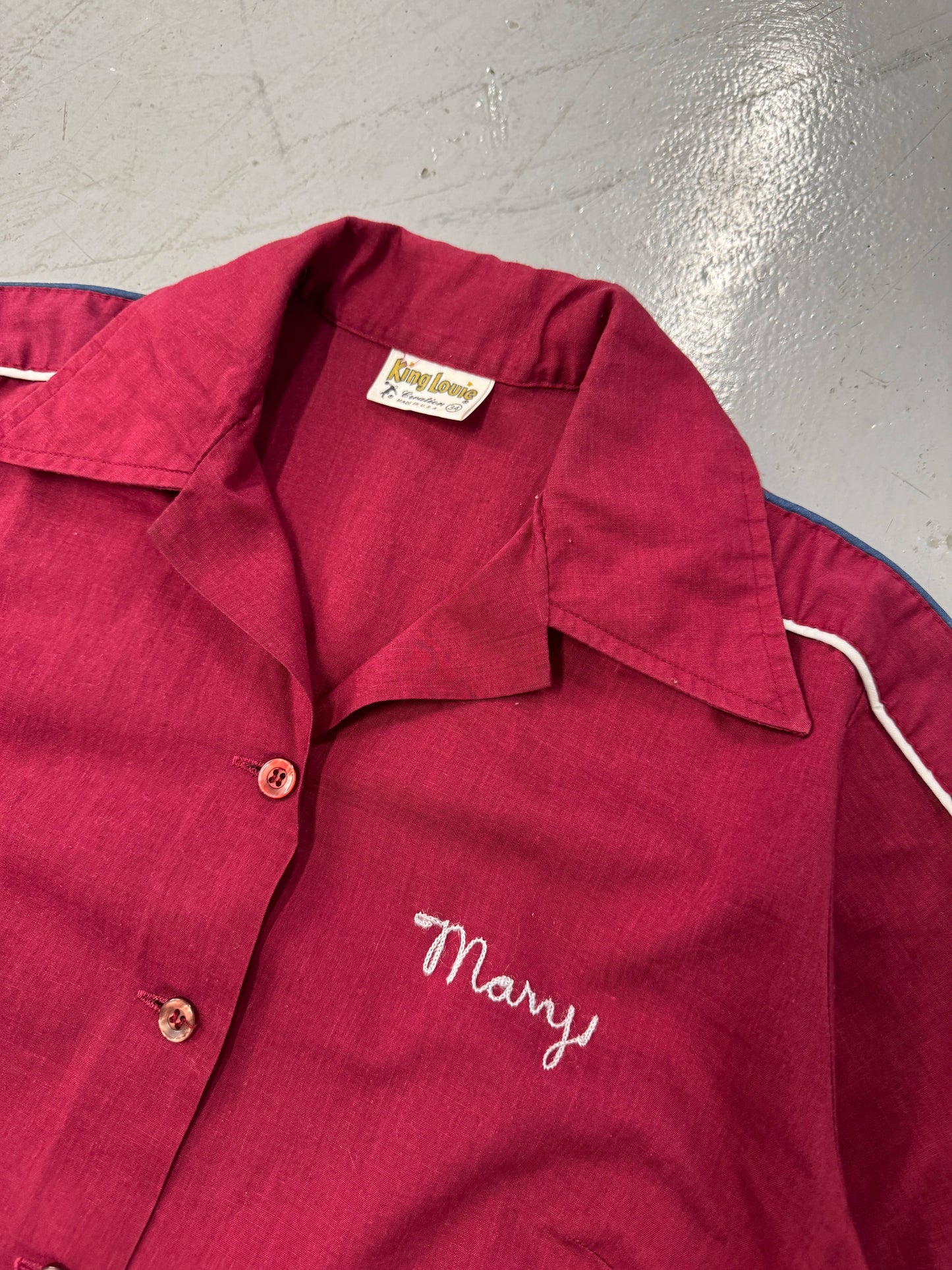 1960s King Louie Red Chainstitch Bowling Shirt "Mary Mudgett" [XS]