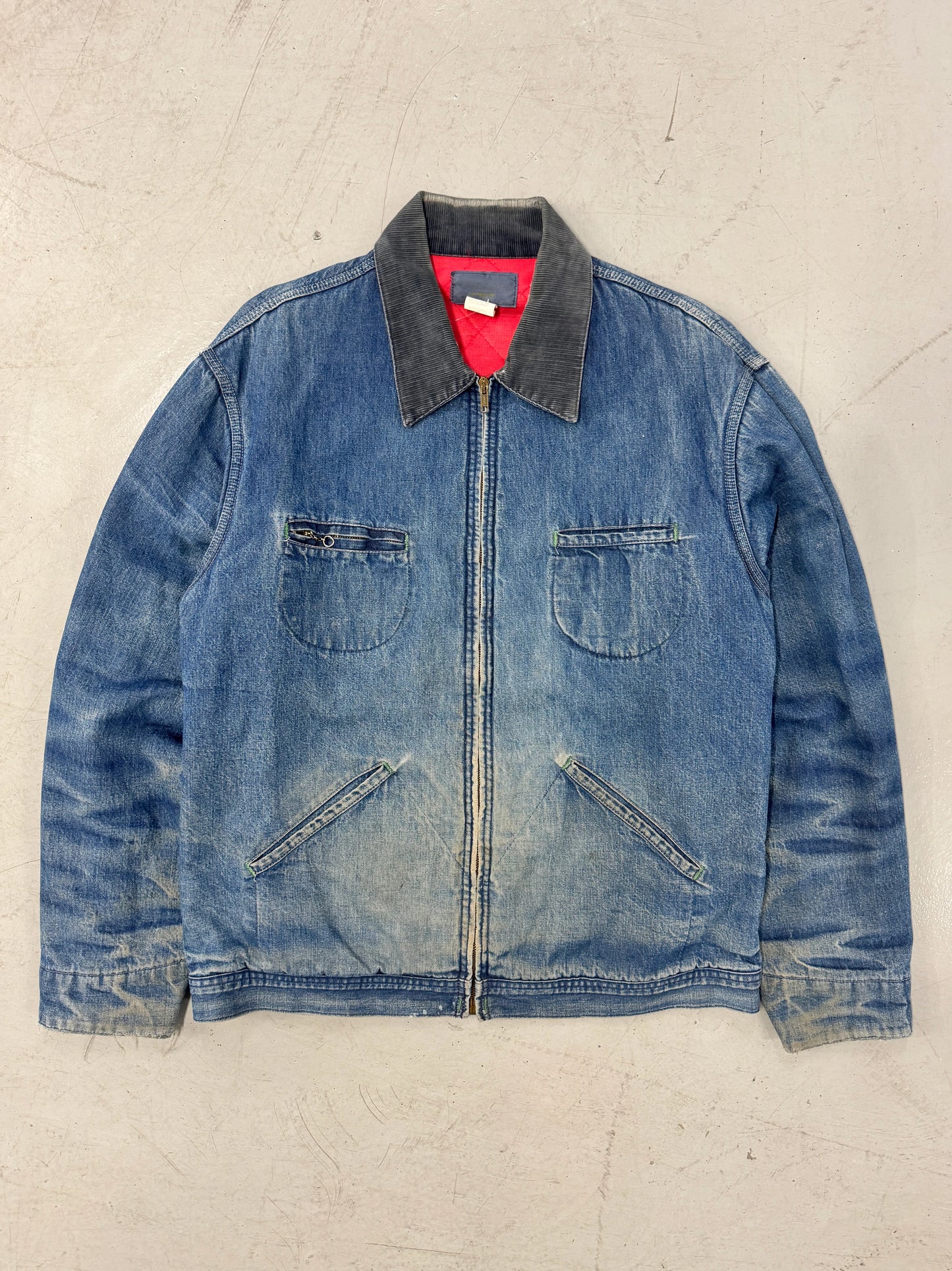 1980s Distressed Faded Cord Collar Denim Work Jacket w/ Red Quilted Lining [L]