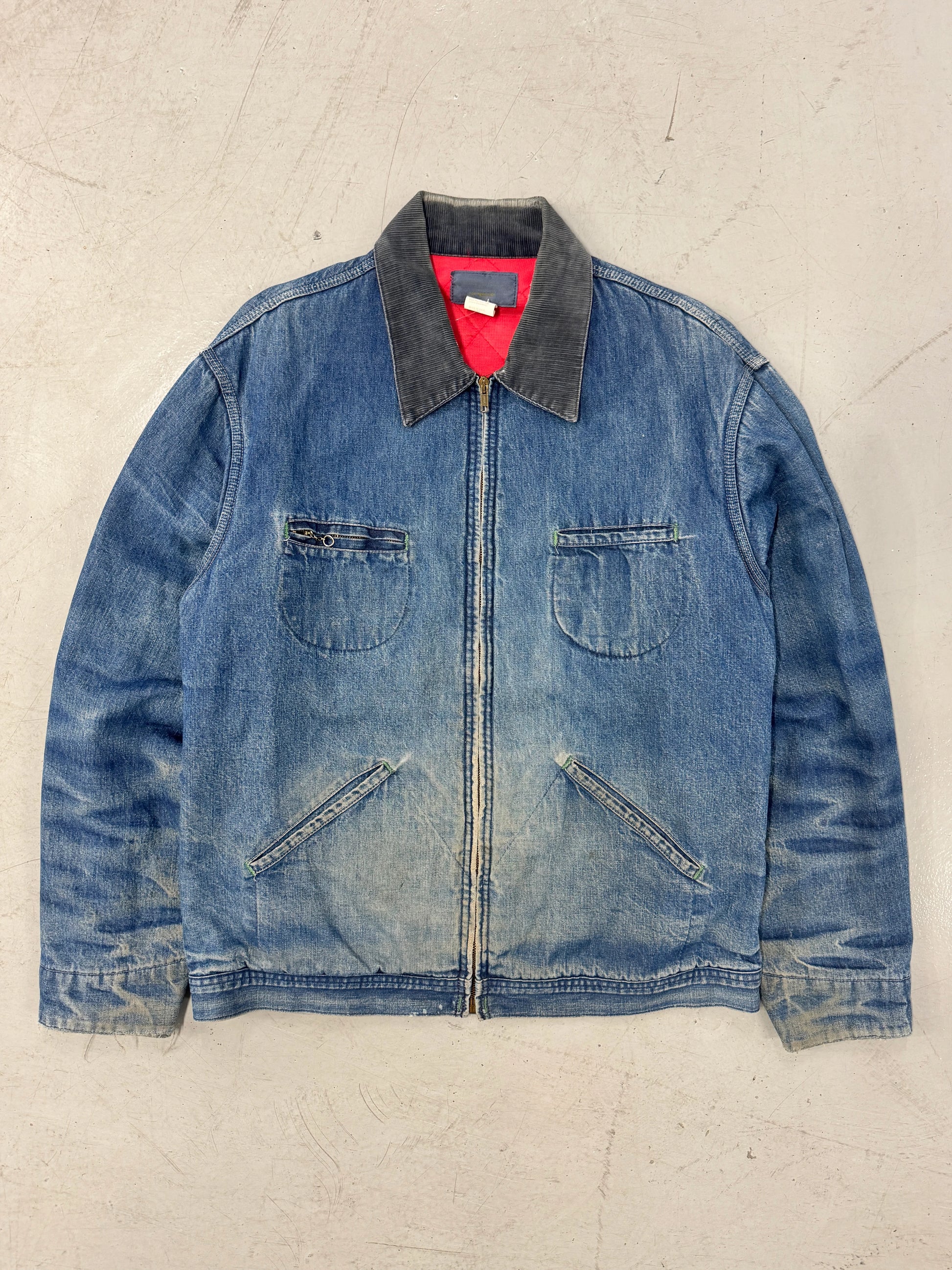 1980s Distressed Faded Cord Collar Denim Work Jacket w/ Red Quilted Lining [L]