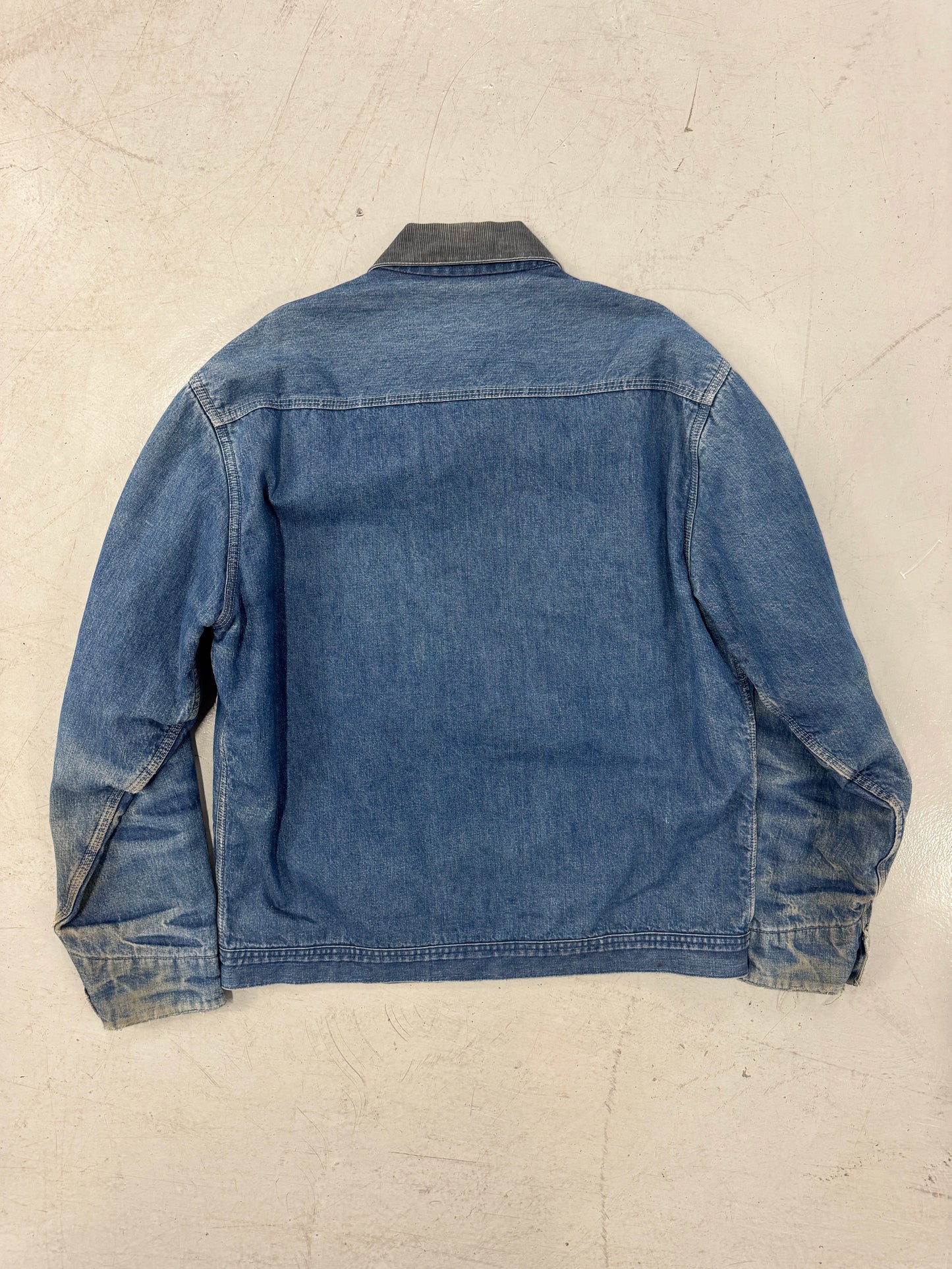 1980s Distressed Faded Cord Collar Denim Work Jacket w/ Red Quilted Lining [L]