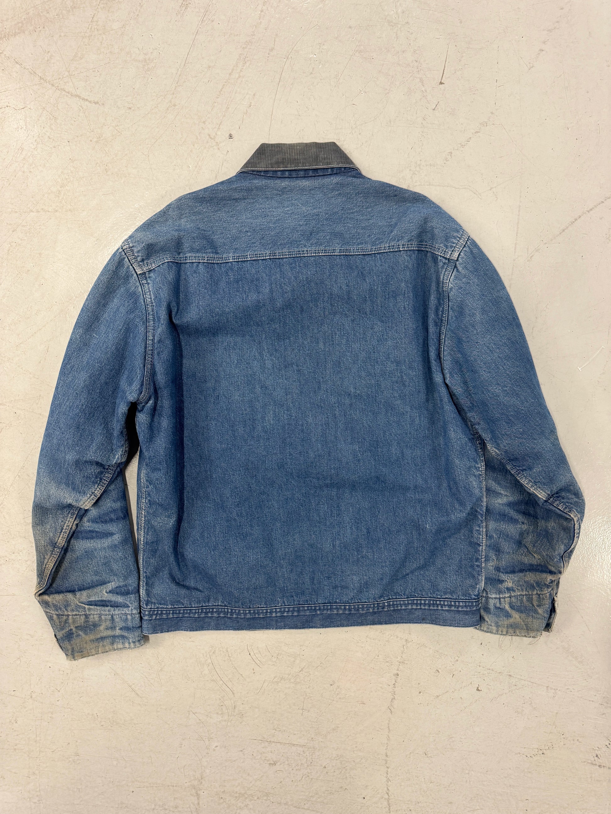 1980s Distressed Faded Cord Collar Denim Work Jacket w/ Red Quilted Lining [L]