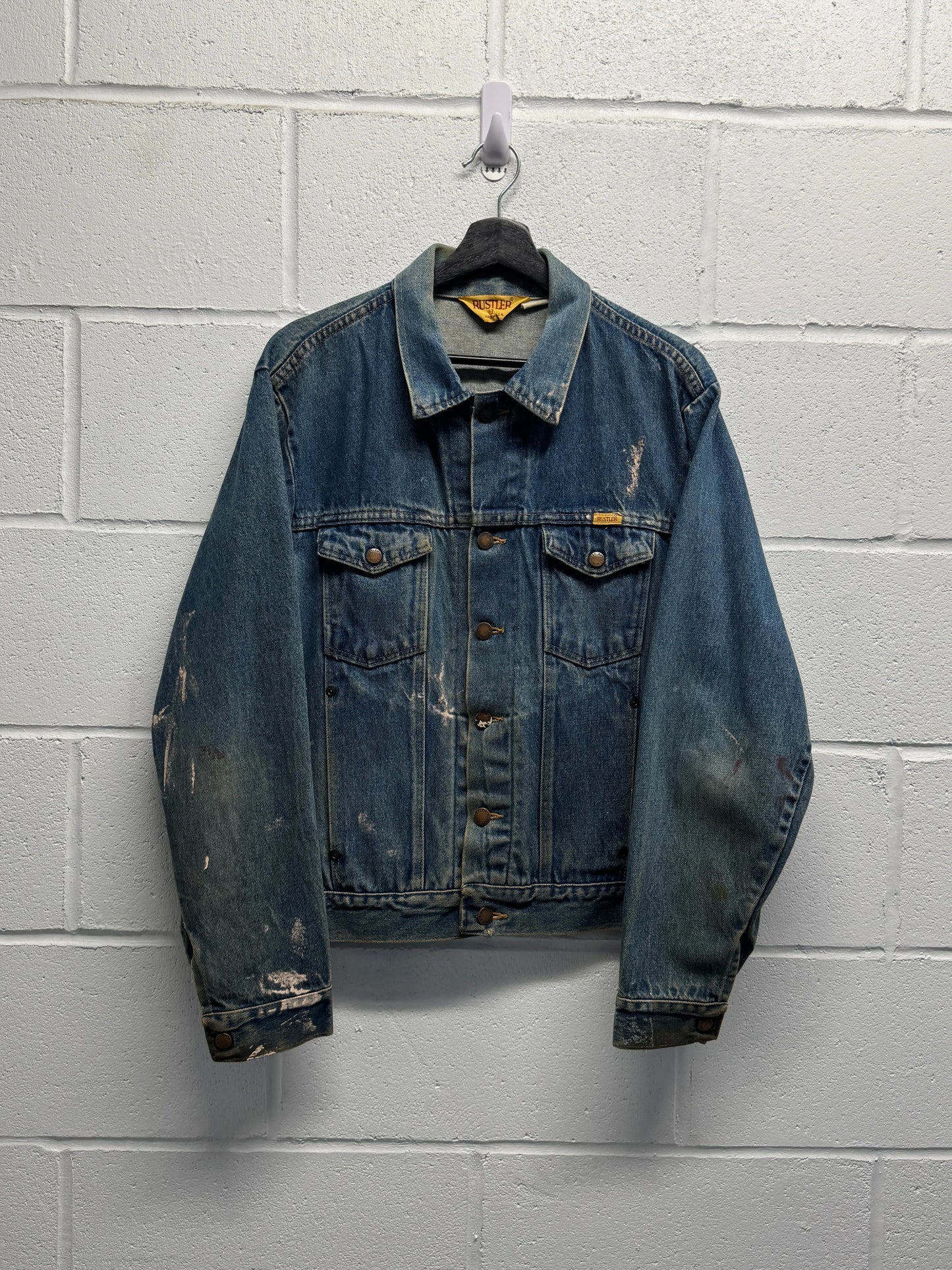 1990s Rustler Distressed Paint-Splattered Denim Trucker Jacket [L]