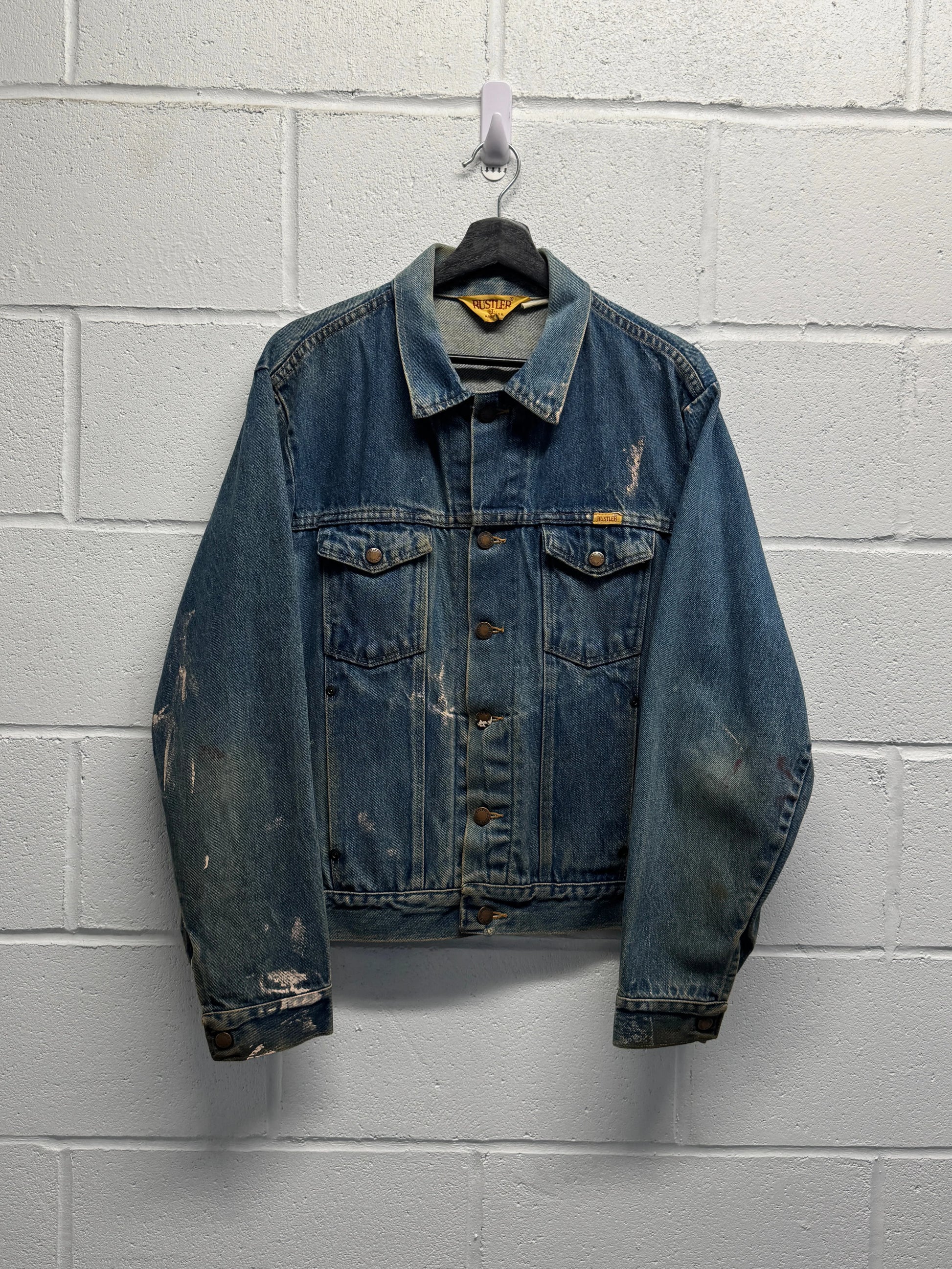 1990s Rustler Distressed Paint-Splattered Denim Trucker Jacket [L]