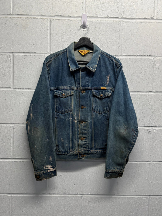 1990s Rustler Distressed Paint-Splattered Denim Trucker Jacket [L]