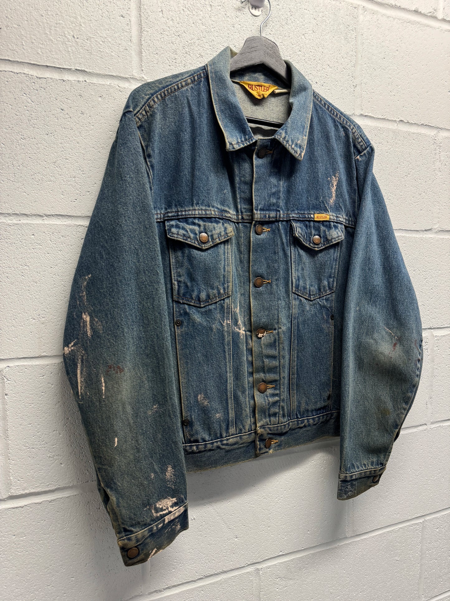 1990s Rustler Distressed Paint-Splattered Denim Trucker Jacket [L]