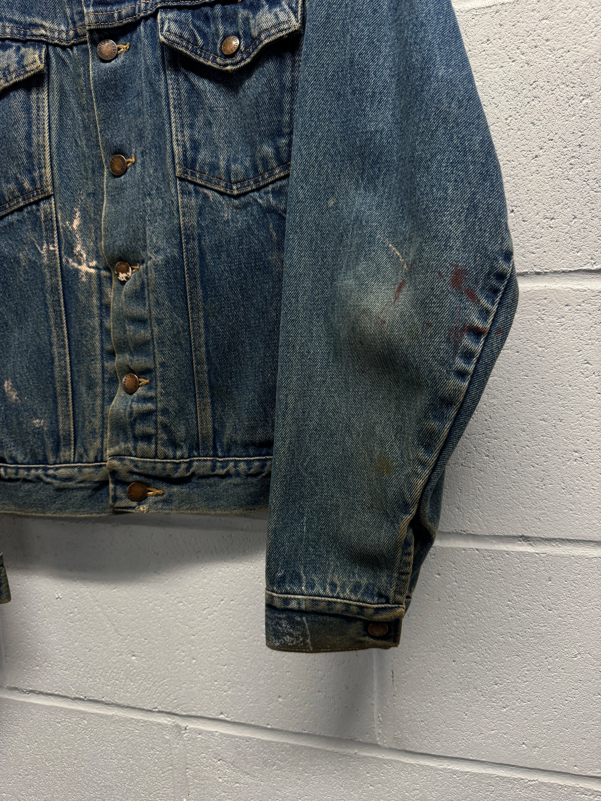 1990s Rustler Distressed Paint-Splattered Denim Trucker Jacket [L]