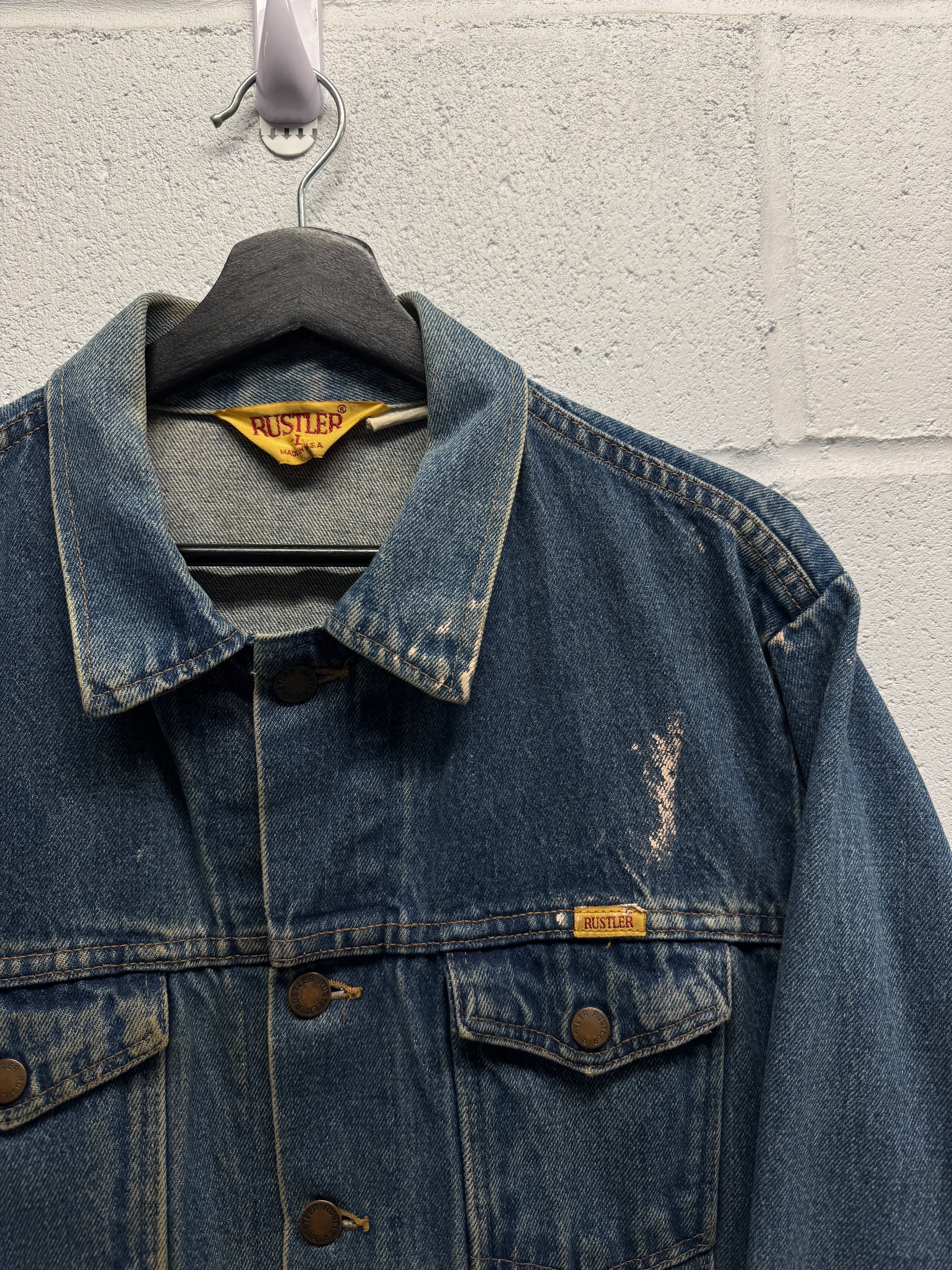 1990s Rustler Distressed Paint-Splattered Denim Trucker Jacket [L]