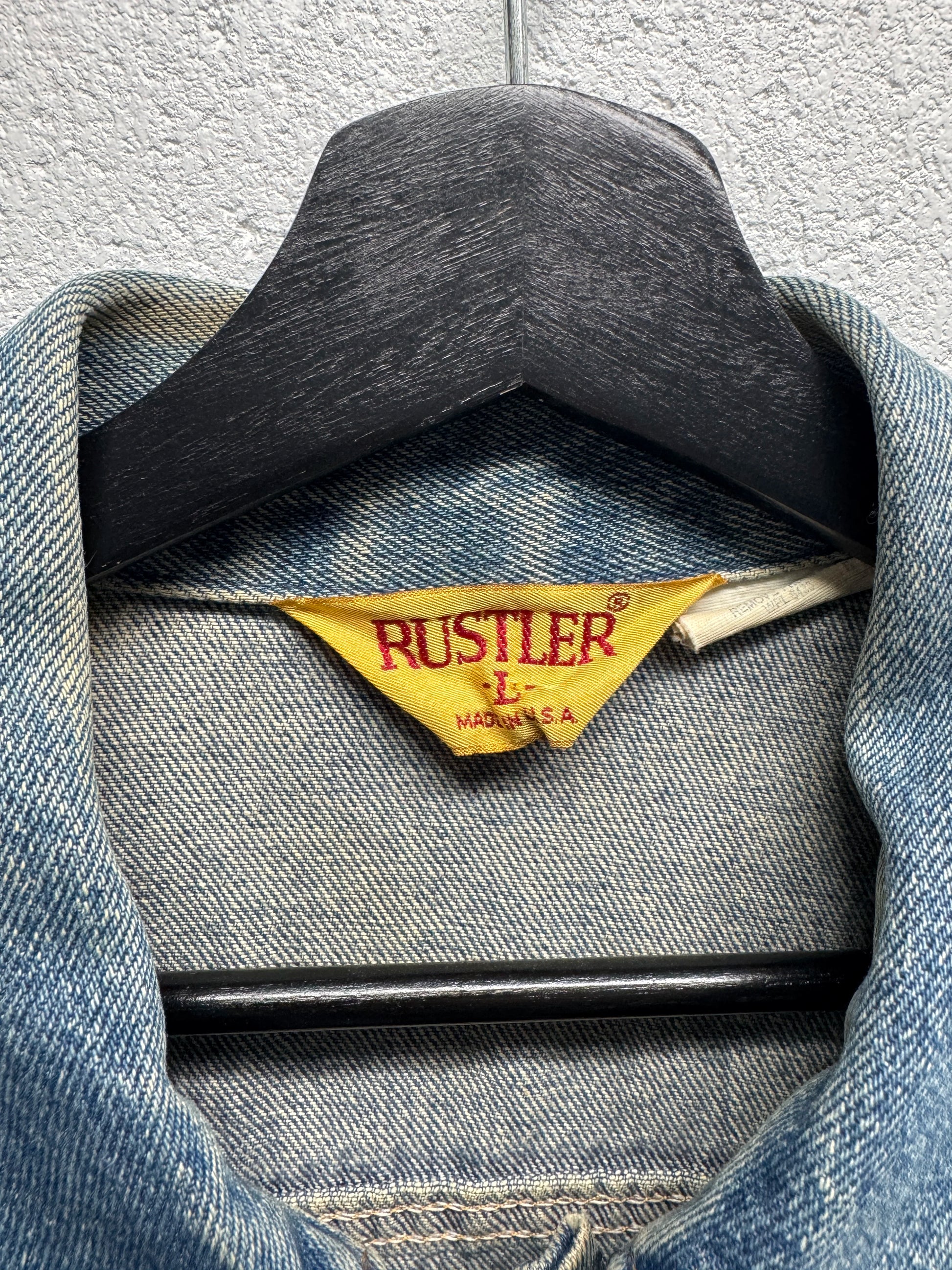 1990s Rustler Distressed Paint-Splattered Denim Trucker Jacket [L]