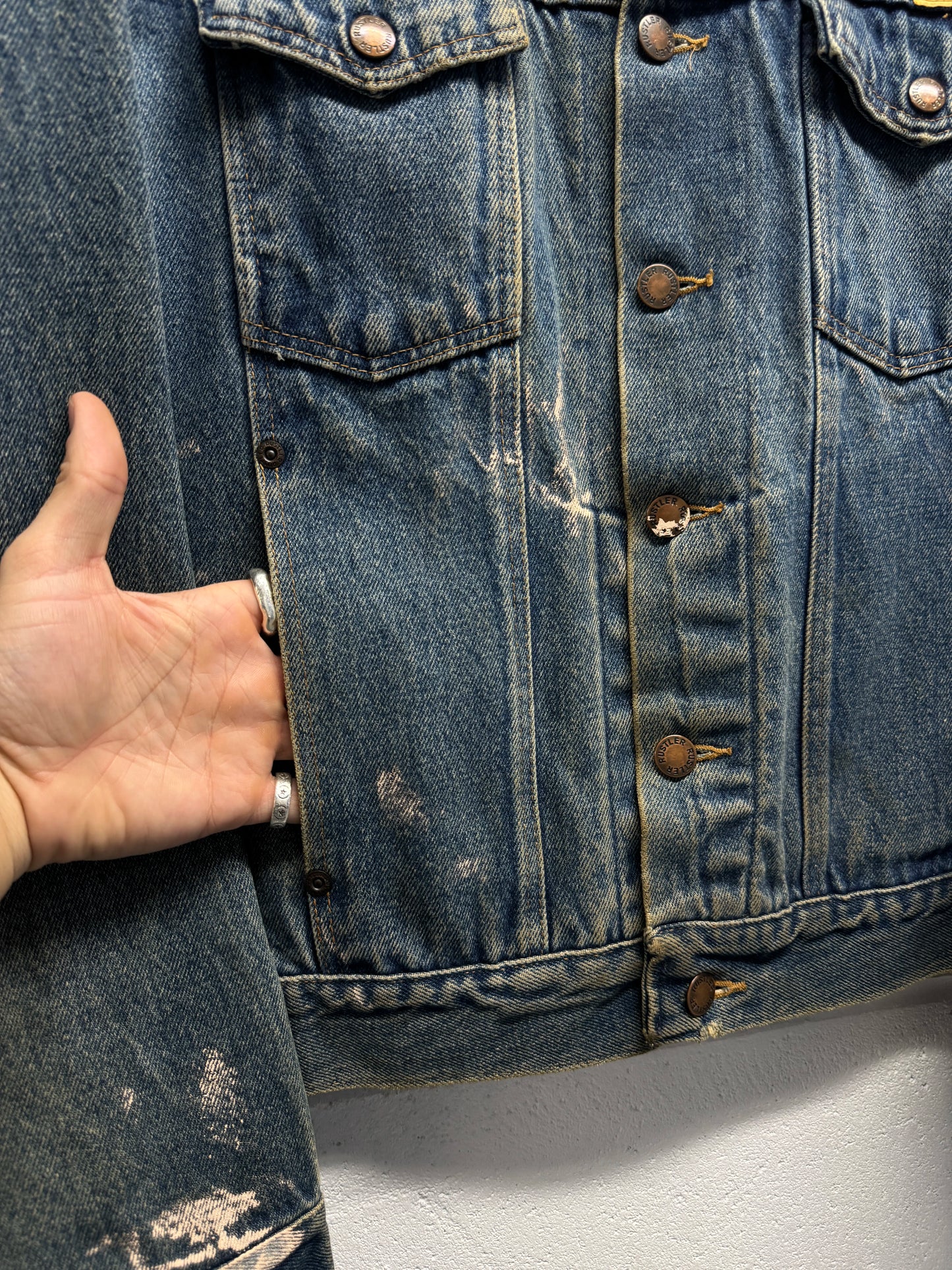 1990s Rustler Distressed Paint-Splattered Denim Trucker Jacket [L]