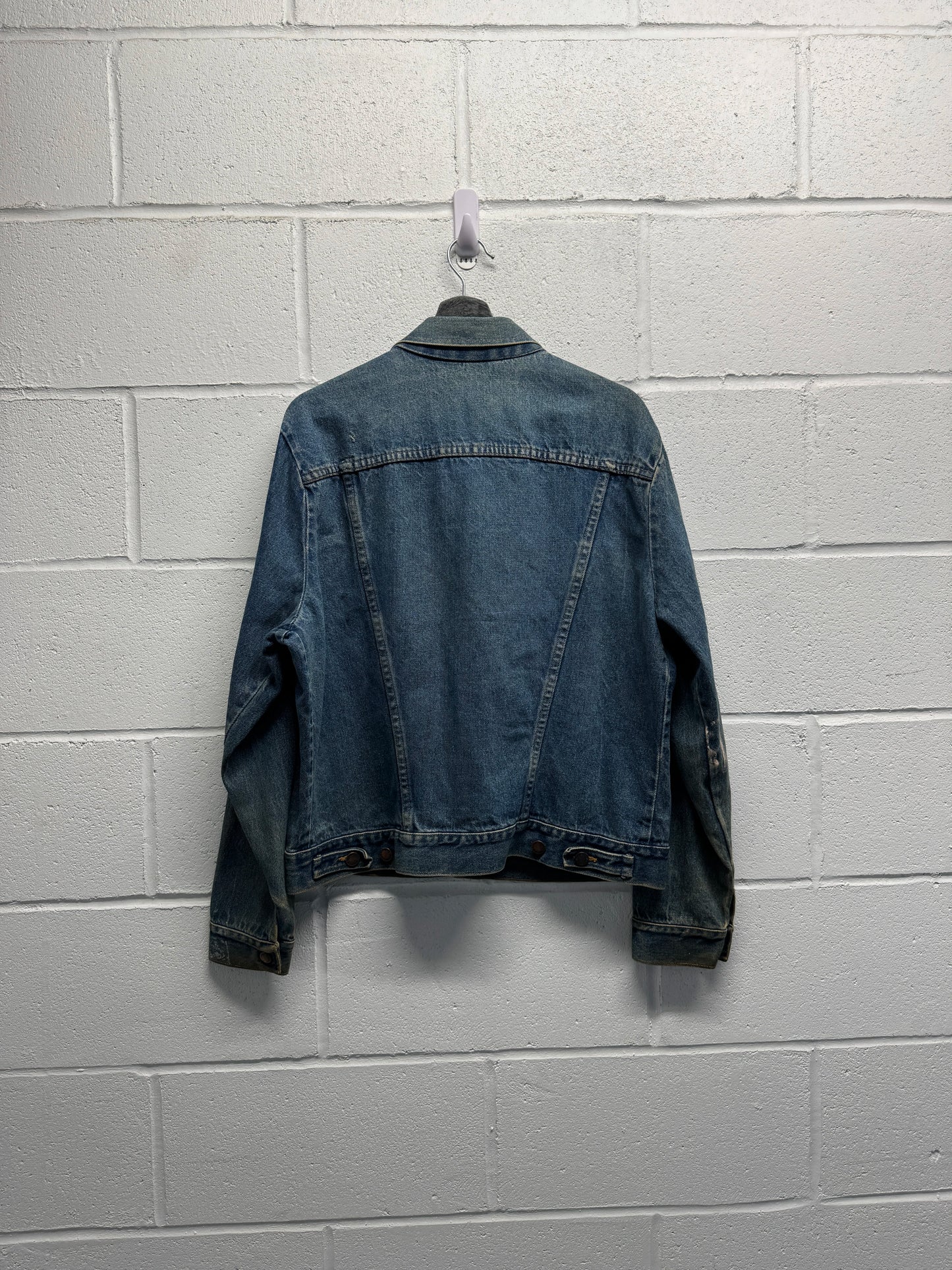 1990s Rustler Distressed Paint-Splattered Denim Trucker Jacket [L]