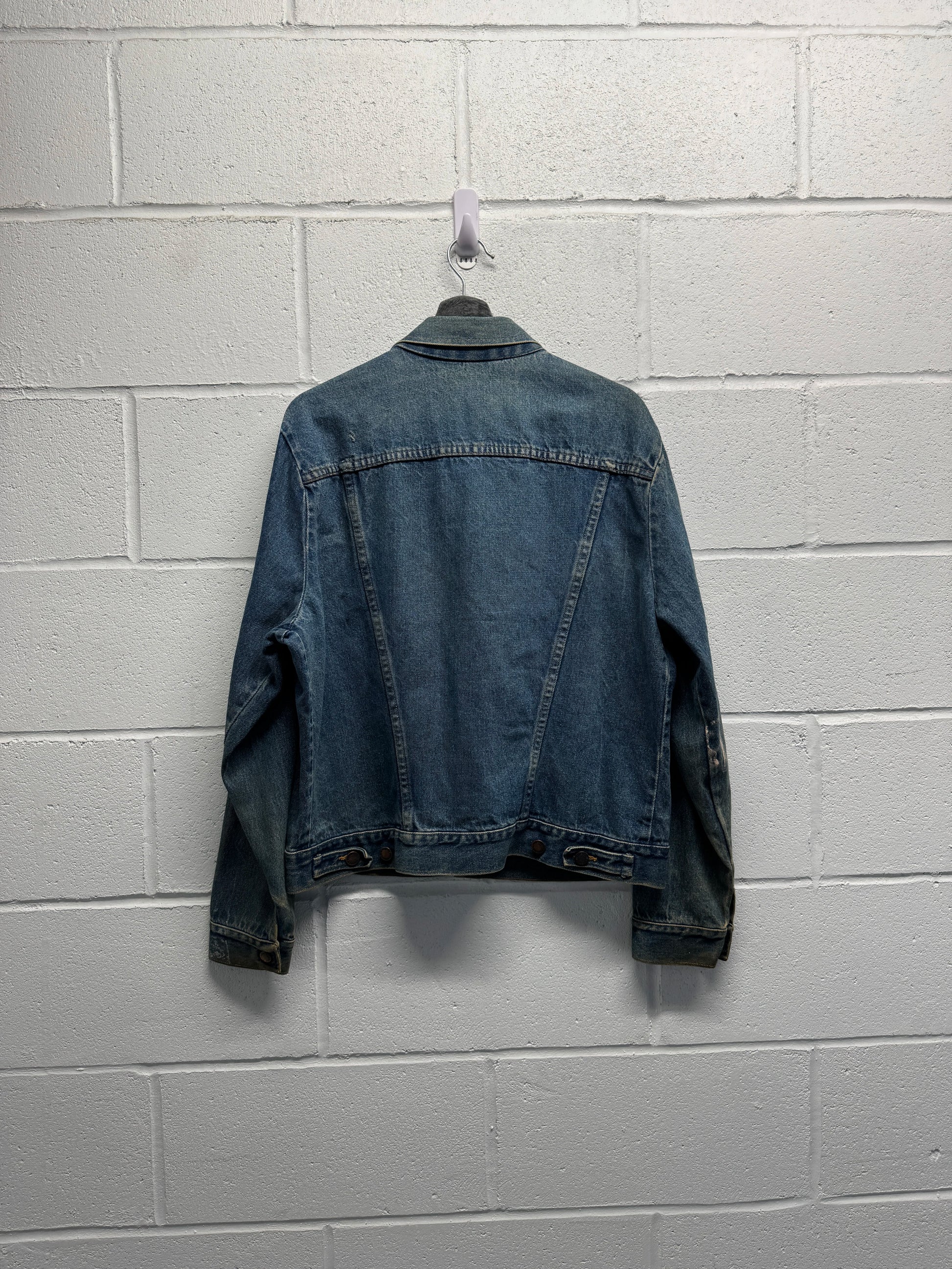 1990s Rustler Distressed Paint-Splattered Denim Trucker Jacket [L]
