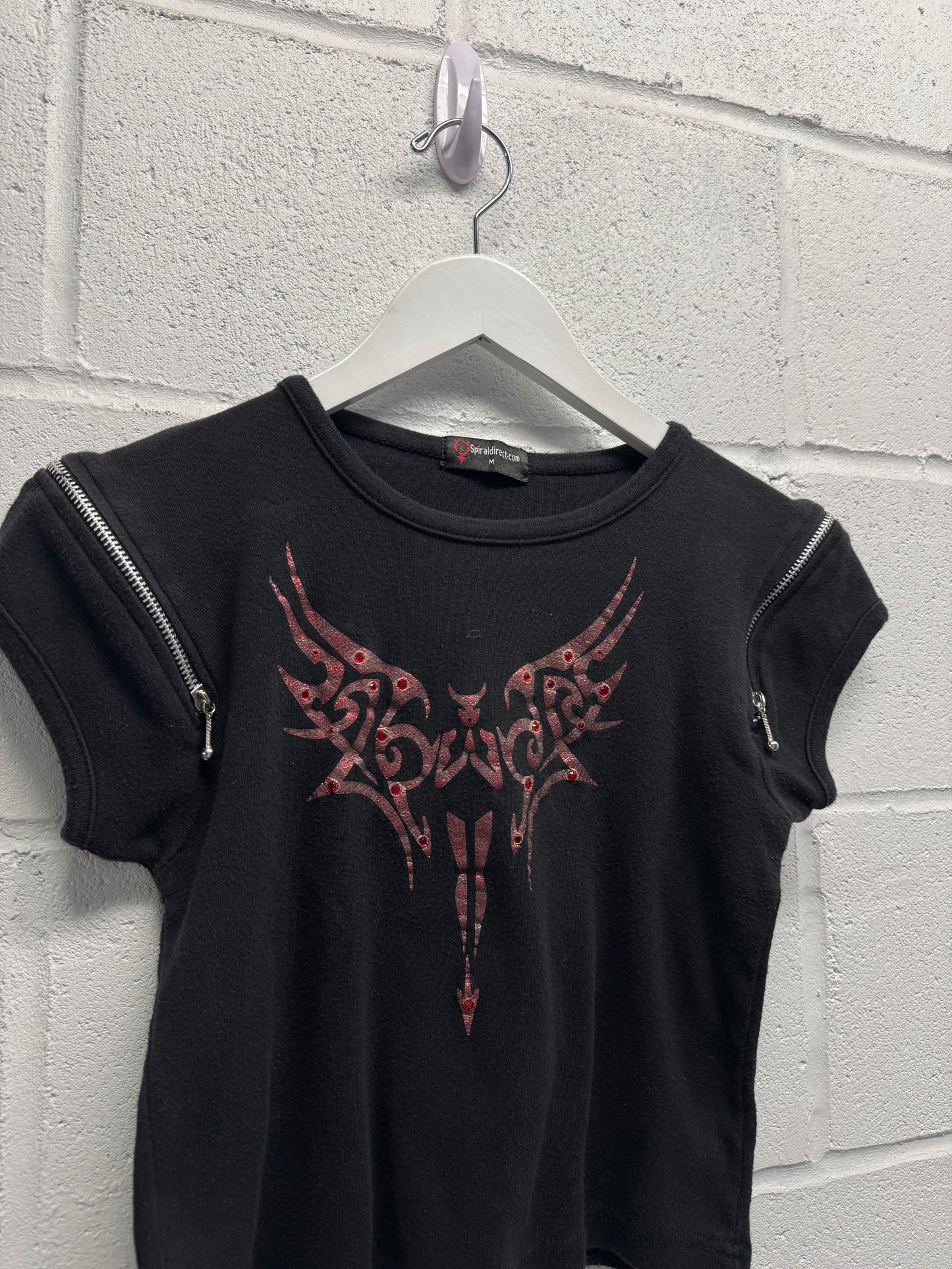 Y2K 2000s Zip Shoulder Red Angel Baby Tee [S/M]
