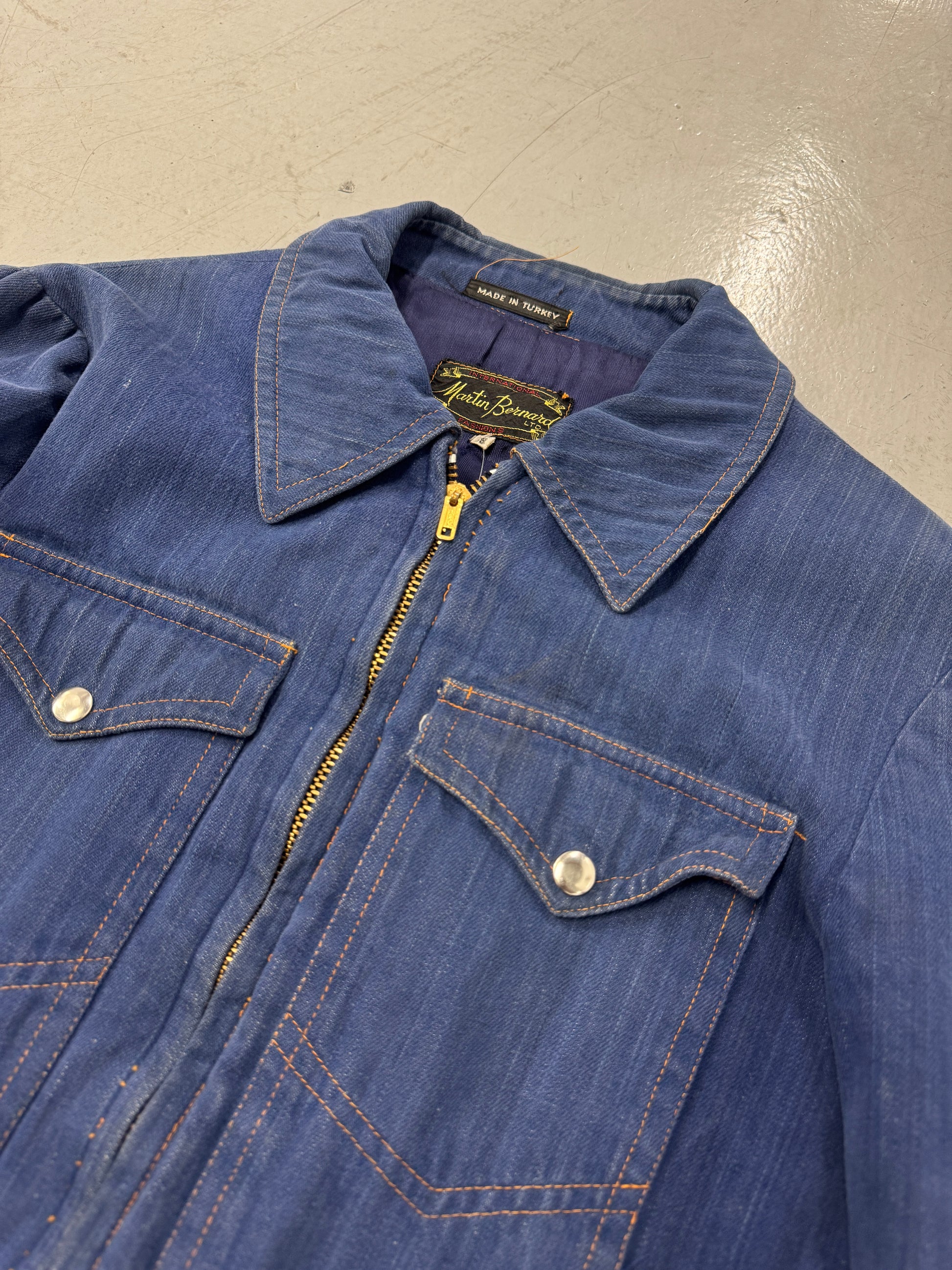 1970s Distressed Martine Bernard Denim Jacket Talon Zipper [S/M]