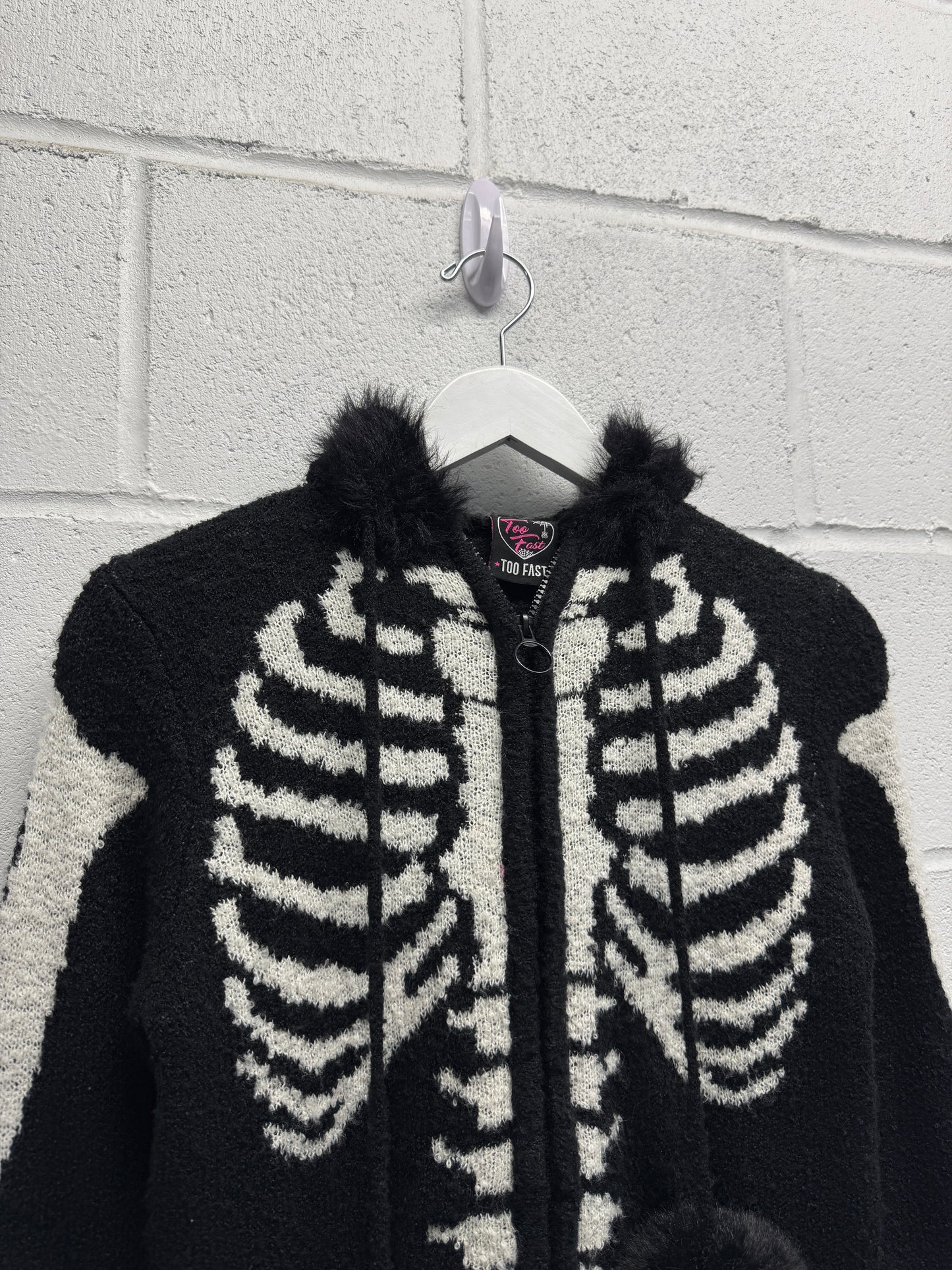 Y2K 2000s Skeleton Fur Hooded Zip-Up Jacket [S/M]