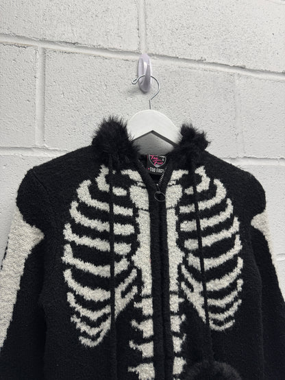Y2K 2000s Skeleton Fur Hooded Zip-Up Jacket [S/M]