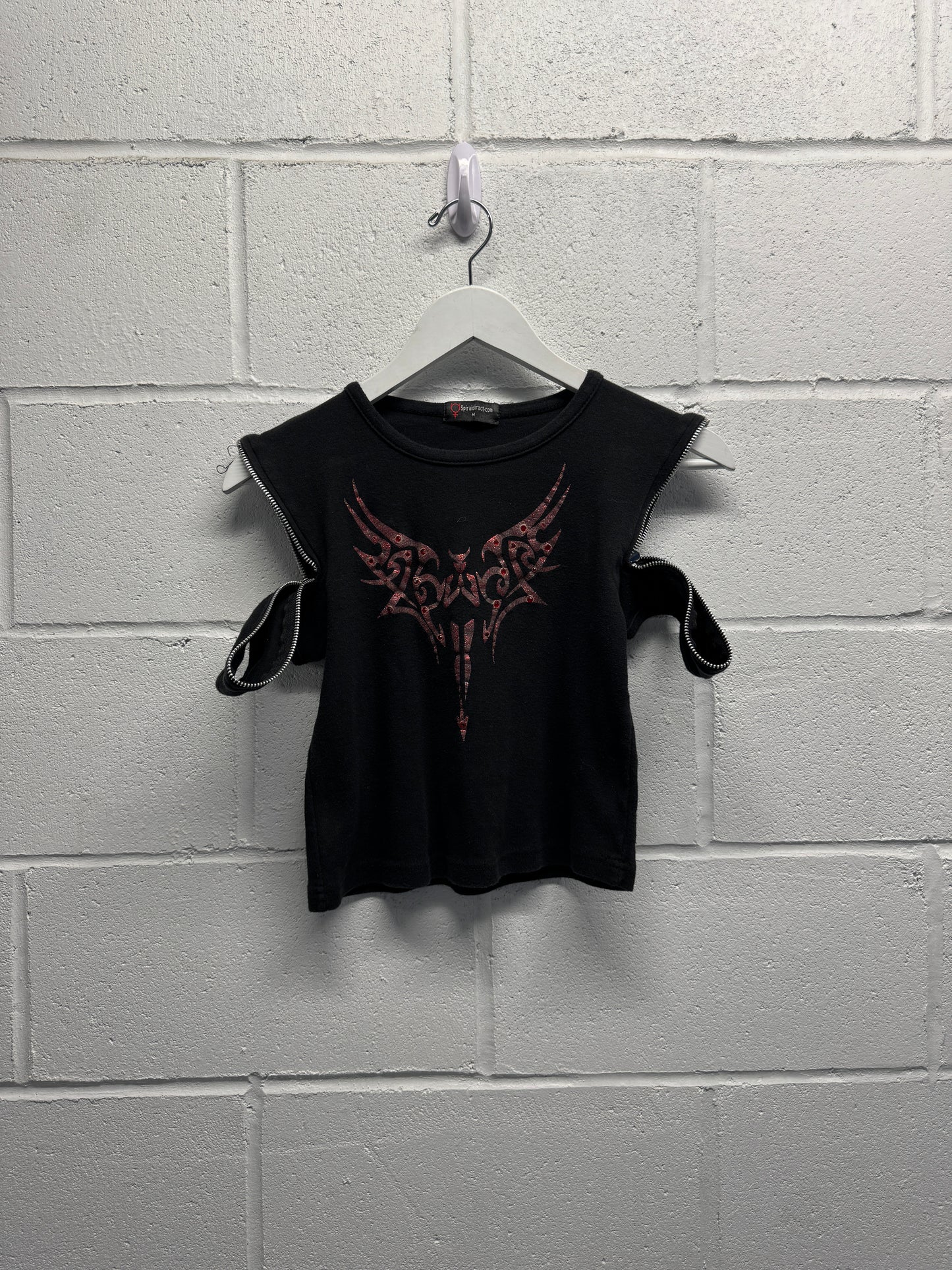 Y2K 2000s Zip Shoulder Red Angel Baby Tee [S/M]