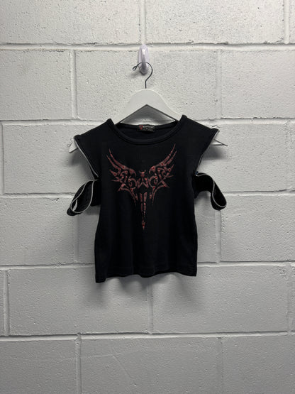 Y2K 2000s Zip Shoulder Red Angel Baby Tee [S/M]