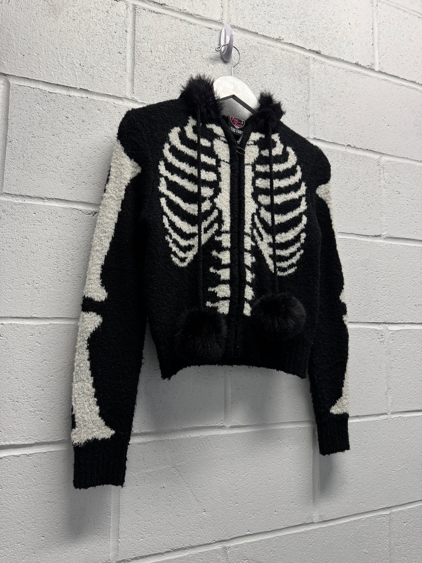 Y2K 2000s Skeleton Fur Hooded Zip-Up Jacket [S/M]