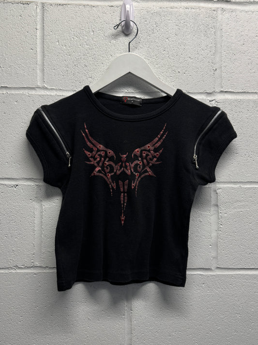 Y2K 2000s Zip Shoulder Red Angel Baby Tee [S/M]