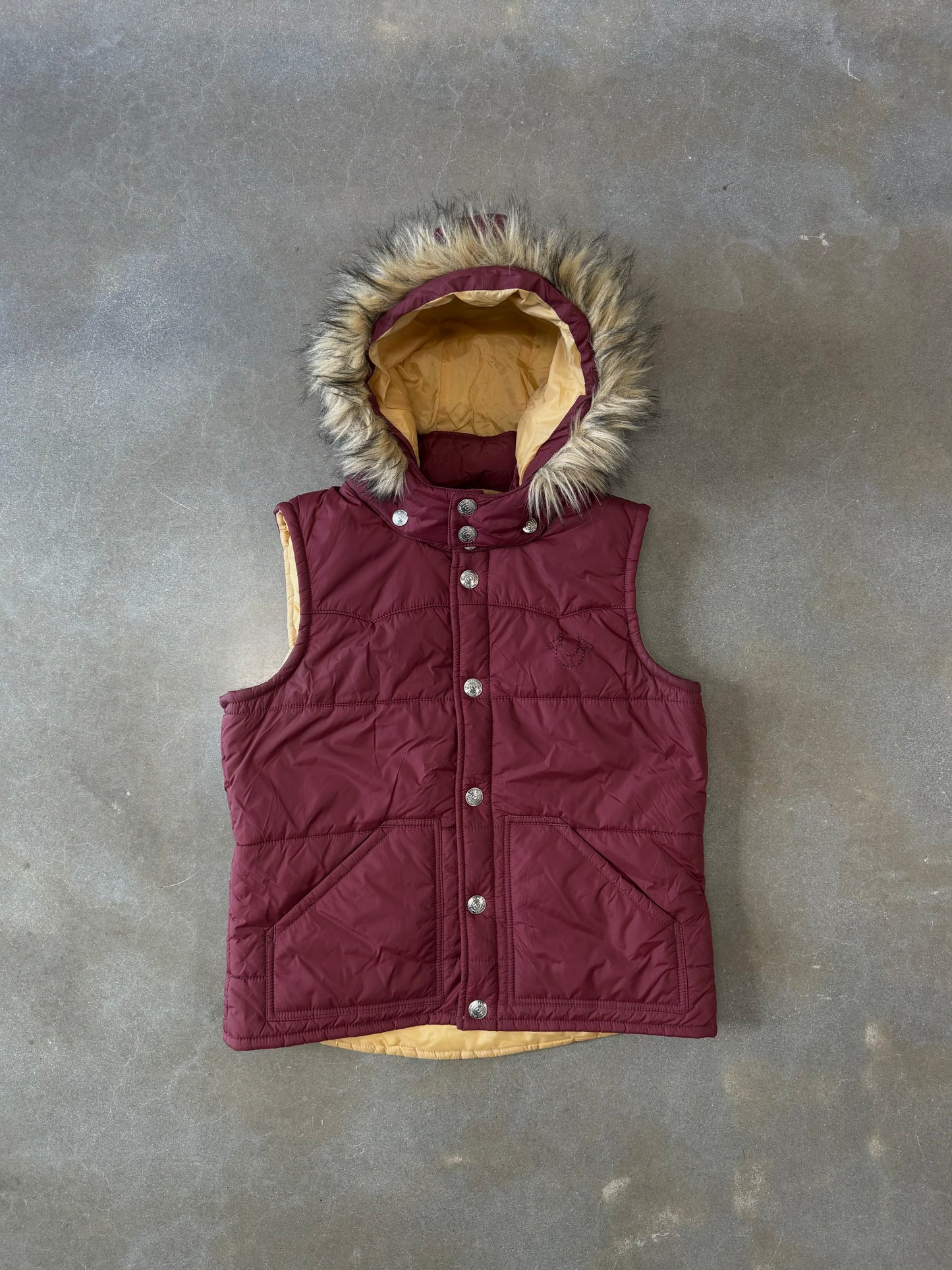 Vintage Y2K True Religion Fur Hooded Down Vest [L]