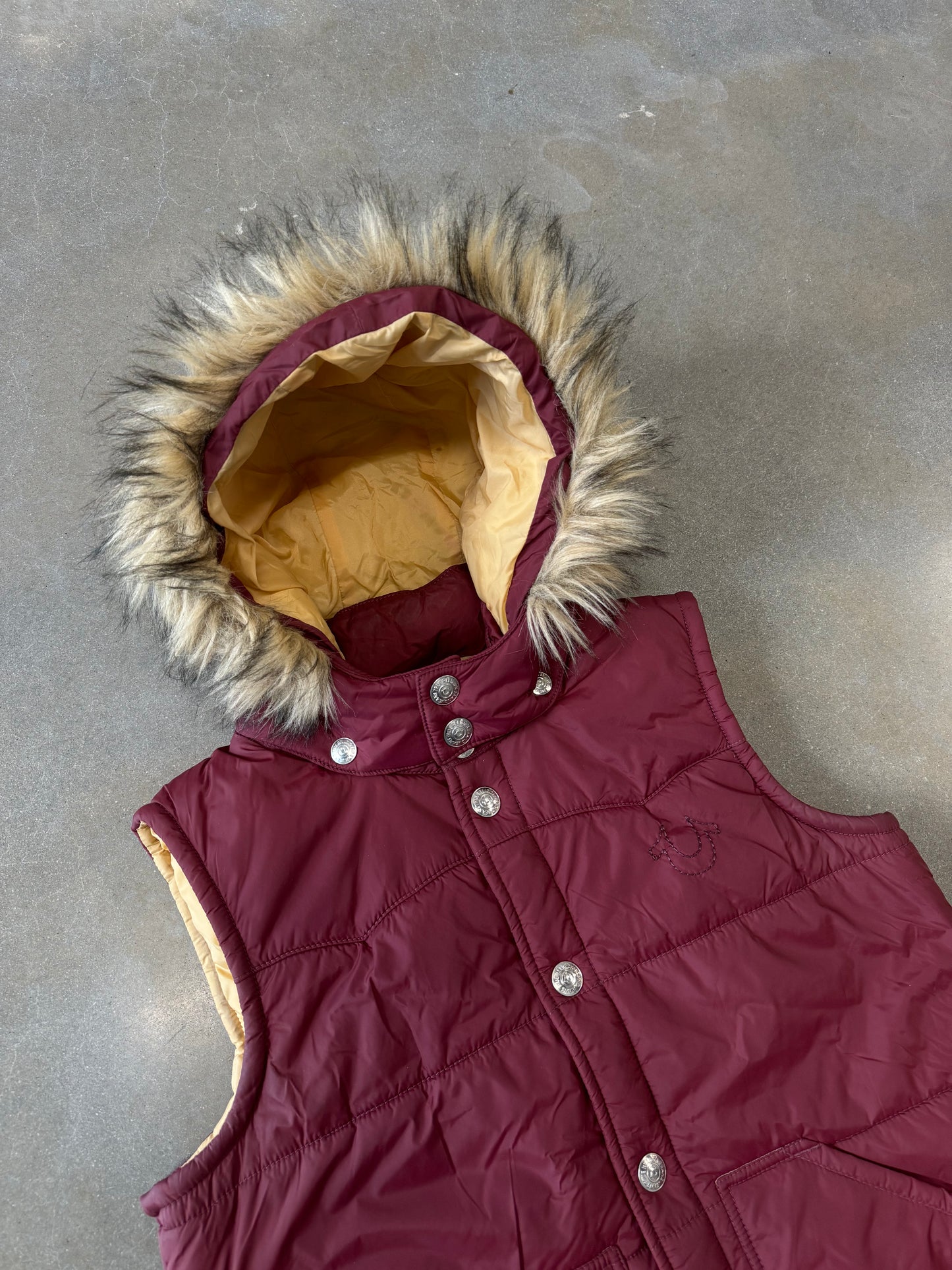 Vintage Y2K True Religion Fur Hooded Down Vest [L]