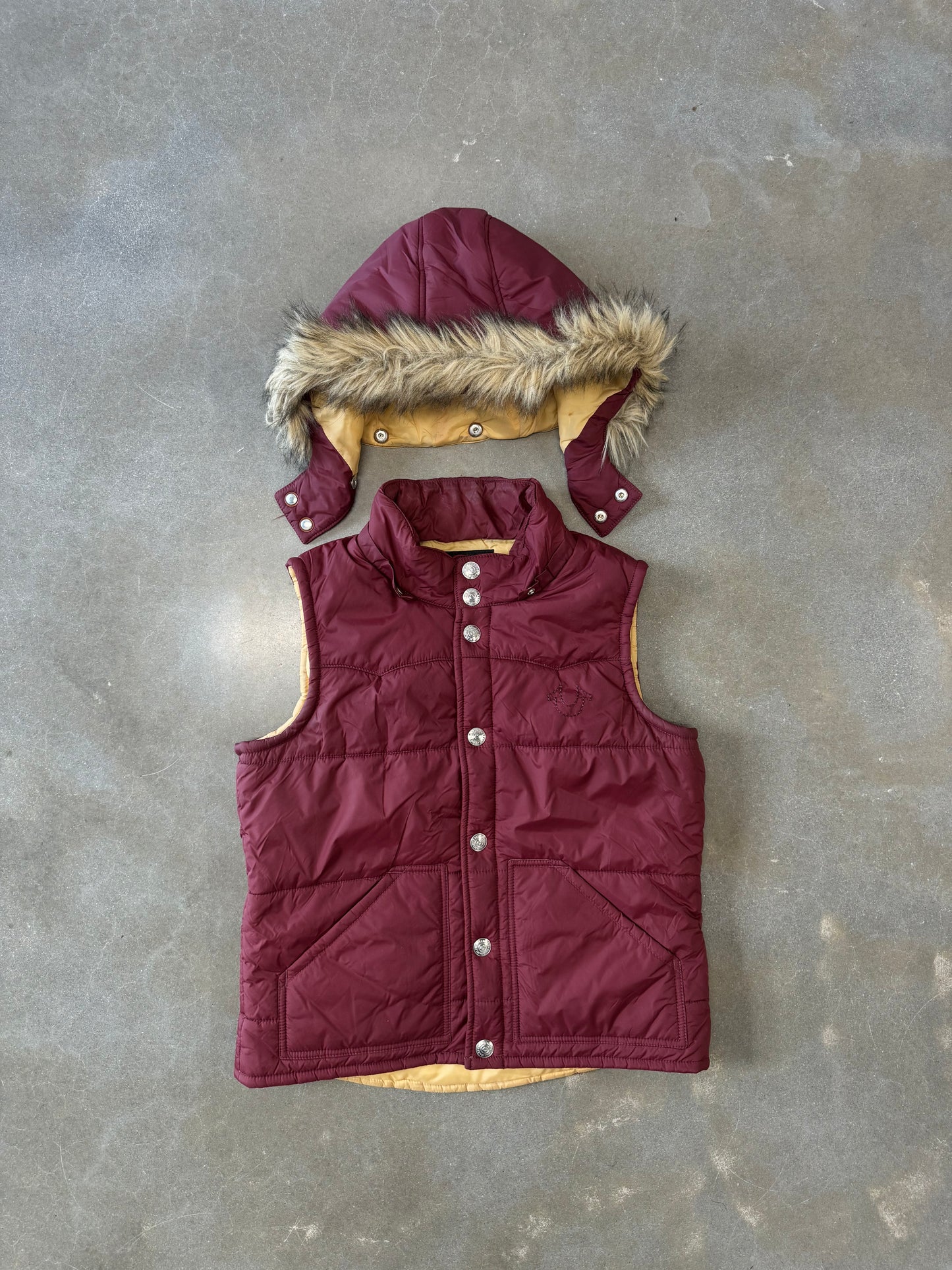 Vintage Y2K True Religion Fur Hooded Down Vest [L]