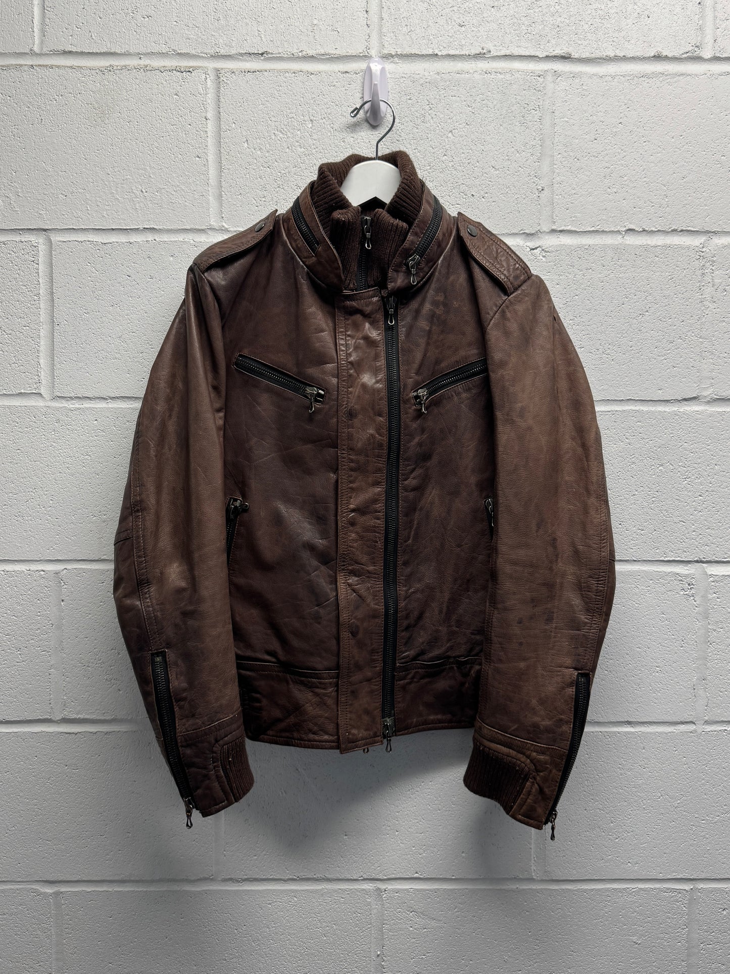 2000s Shellac Cowhide Brown Leather Jacket RiRi Zipper [46]