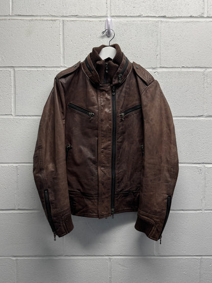 2000s Shellac Cowhide Brown Leather Jacket RiRi Zipper [46]