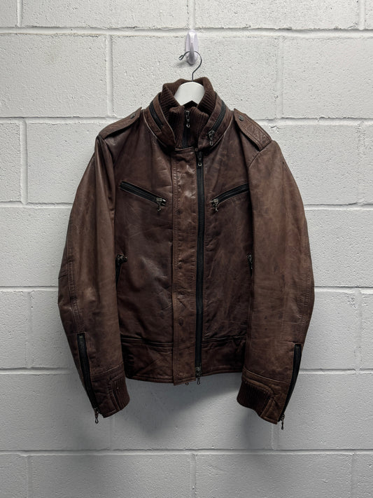 2000s Shellac Cowhide Brown Leather Jacket RiRi Zipper [46]