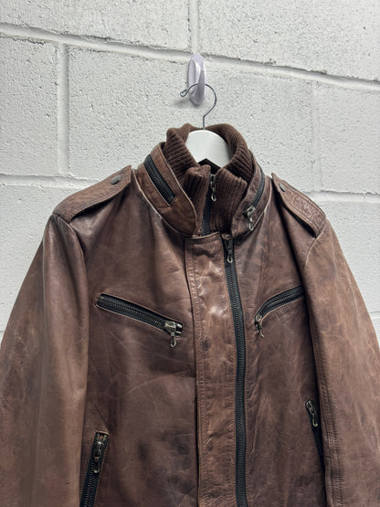 2000s Shellac Cowhide Brown Leather Jacket RiRi Zipper [46]