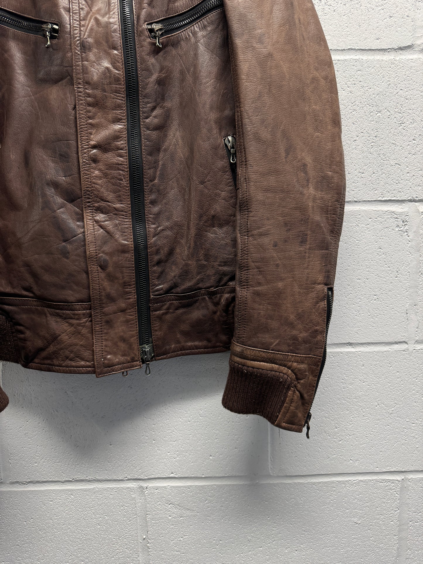 2000s Shellac Cowhide Brown Leather Jacket RiRi Zipper [46]