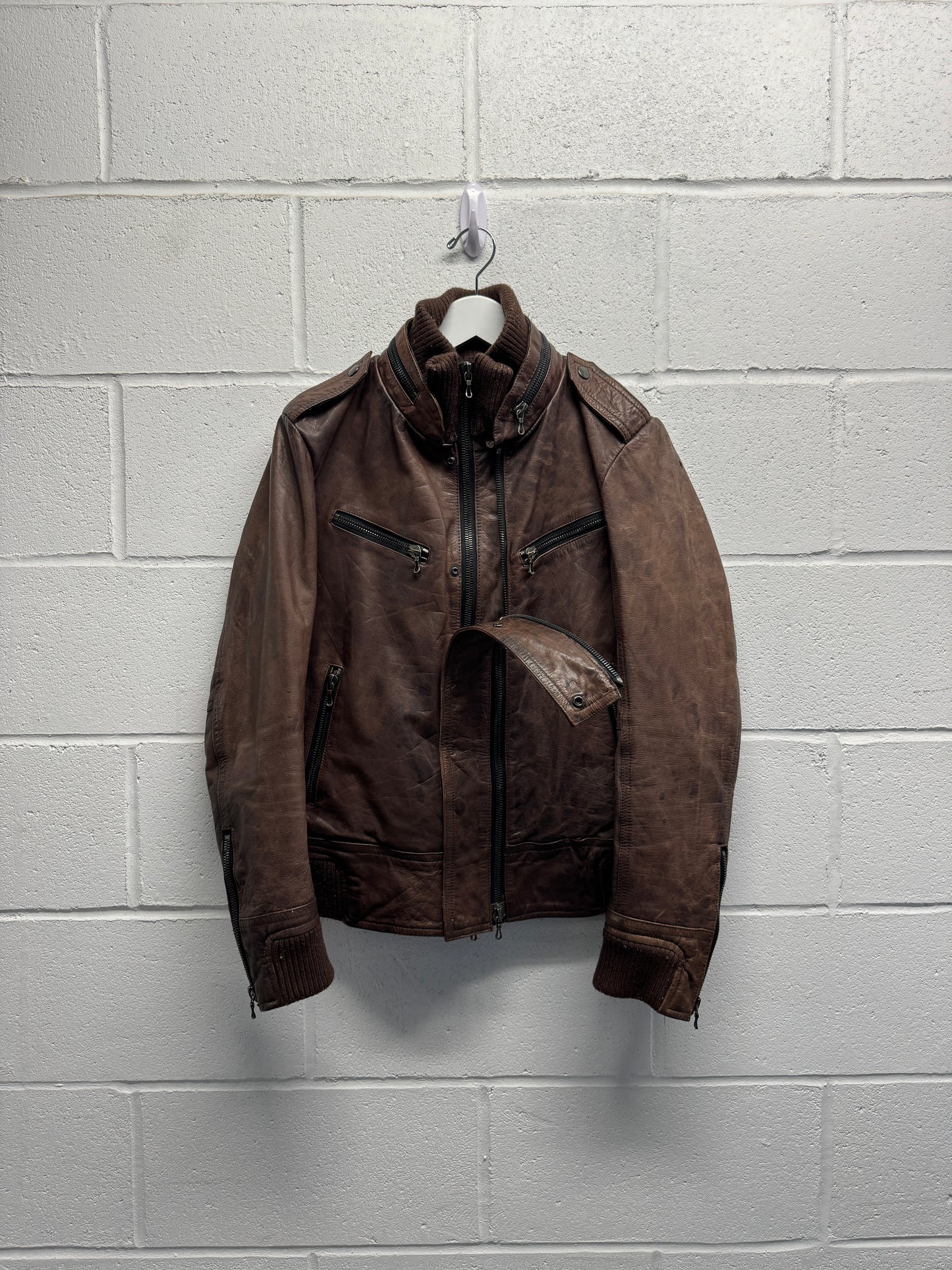 2000s Shellac Cowhide Brown Leather Jacket RiRi Zipper [46]