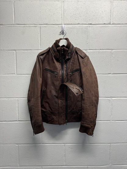 2000s Shellac Cowhide Brown Leather Jacket RiRi Zipper [46]