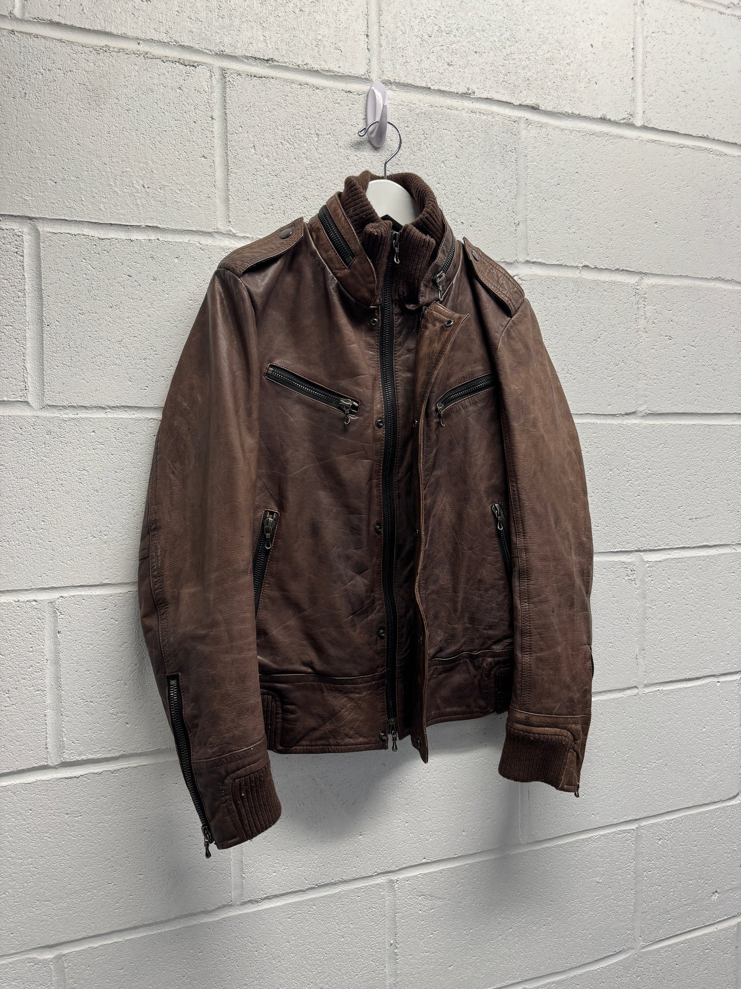 2000s Shellac Cowhide Brown Leather Jacket RiRi Zipper [46]
