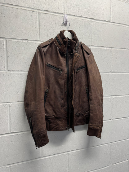 2000s Shellac Cowhide Brown Leather Jacket RiRi Zipper [46]