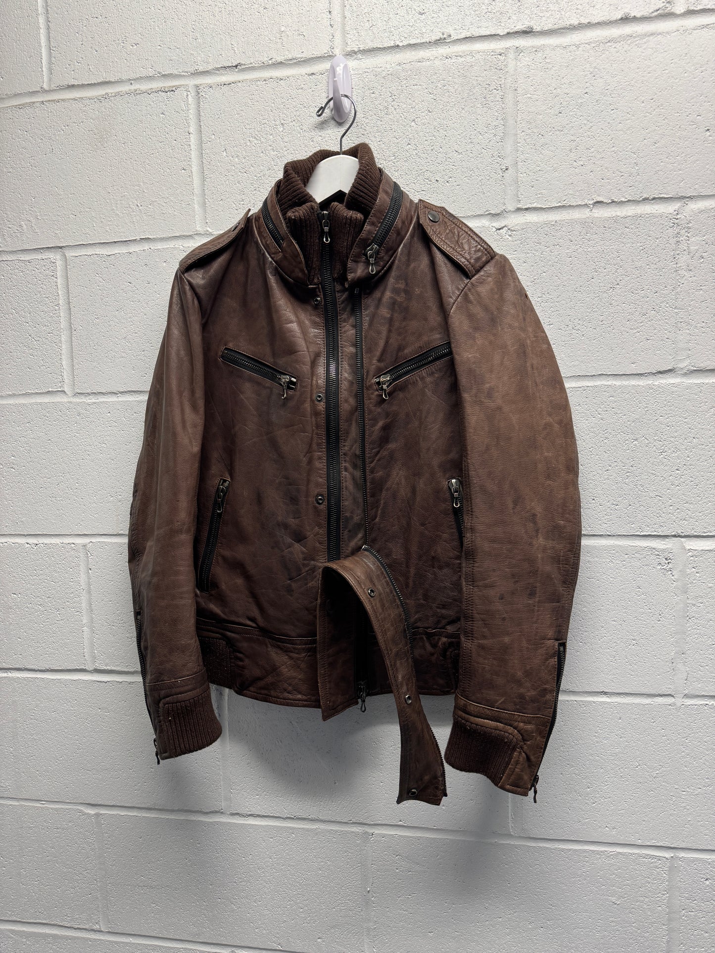 2000s Shellac Cowhide Brown Leather Jacket RiRi Zipper [46]