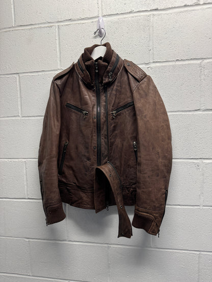 2000s Shellac Cowhide Brown Leather Jacket RiRi Zipper [46]