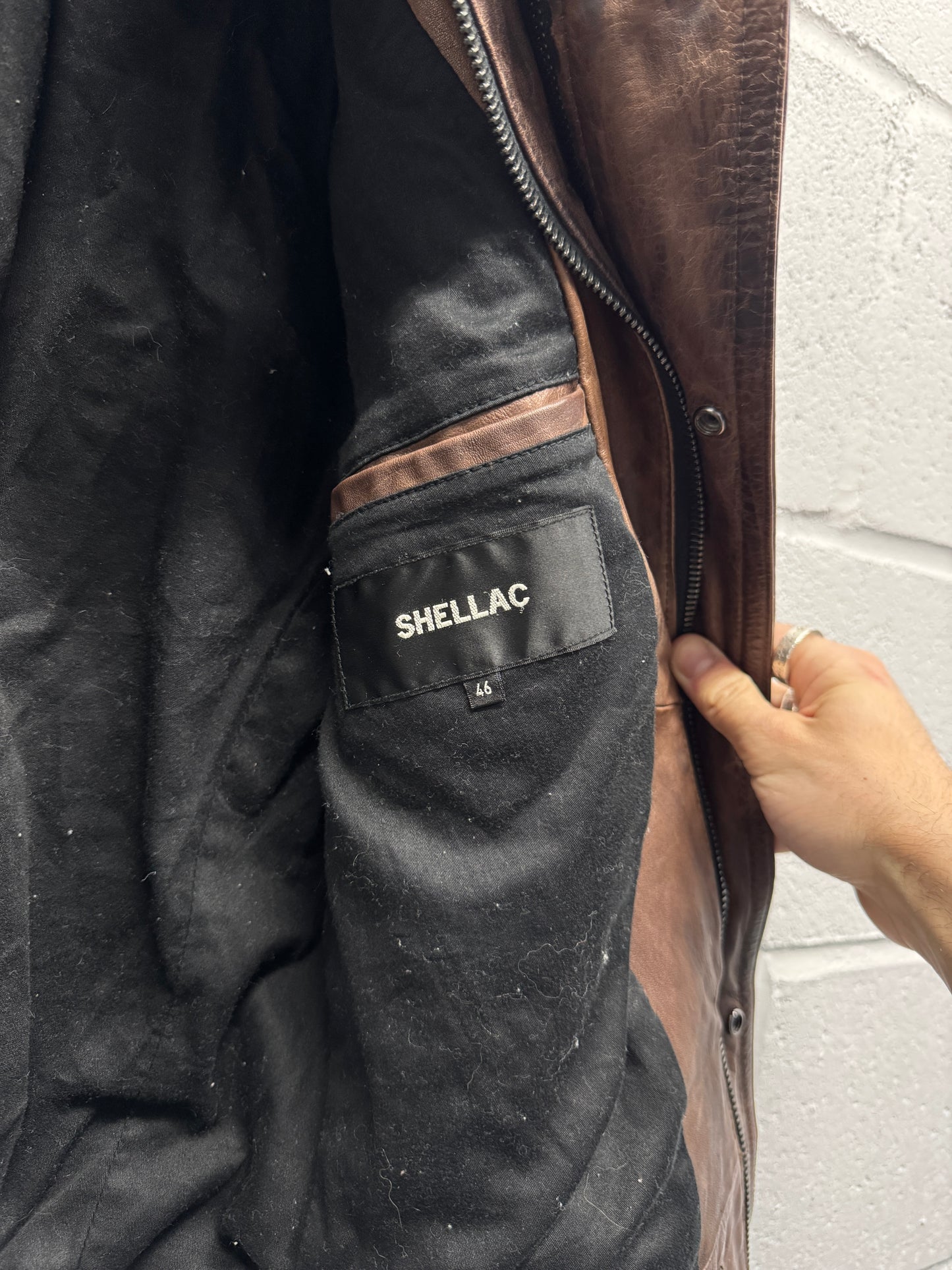 2000s Shellac Cowhide Brown Leather Jacket RiRi Zipper [46]