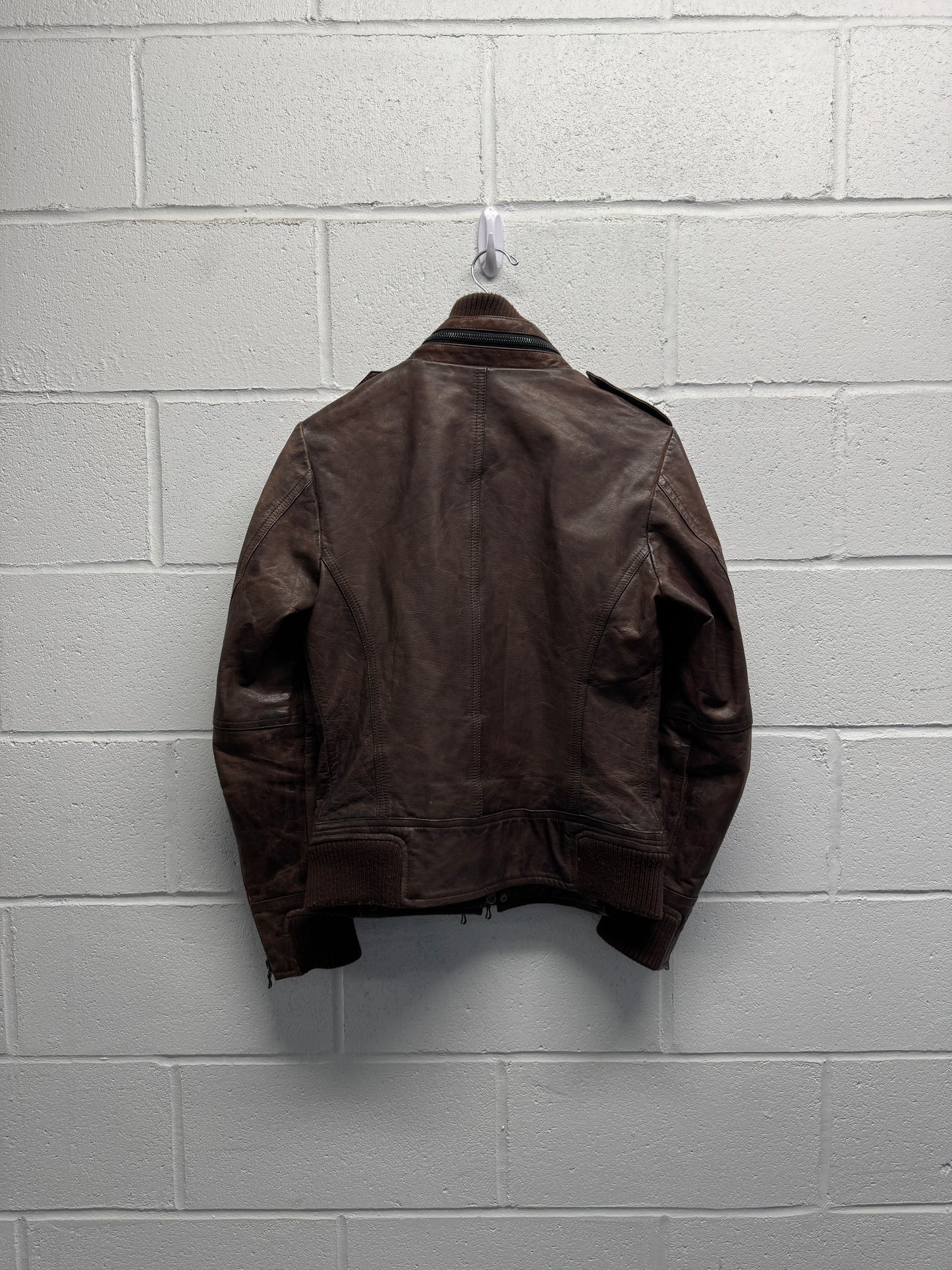 2000s Shellac Cowhide Brown Leather Jacket RiRi Zipper [46]