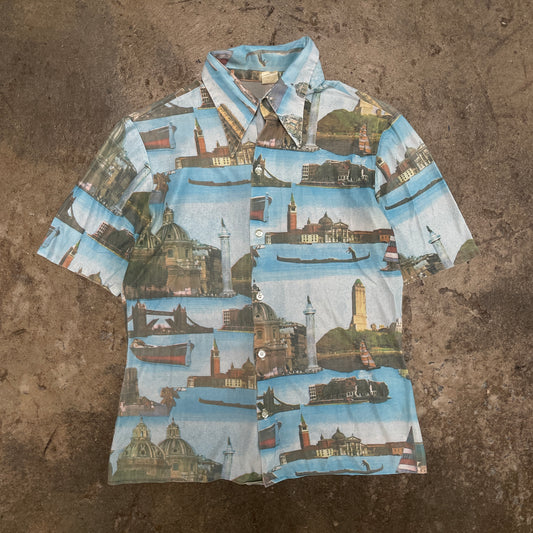 1970s Europe Tourist All Over Print Button-Up Shirt