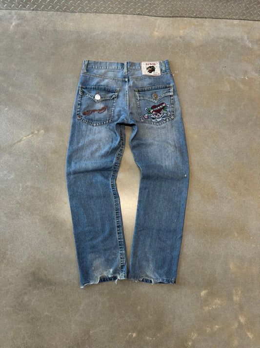 Ed Hardy Embroidered Distressed Jeans [32x33]