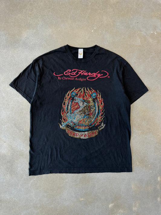 Vintage 2000s Ed Hardy by Christian Audigier Bedazzled Flame Skull T-Shirt [XL]