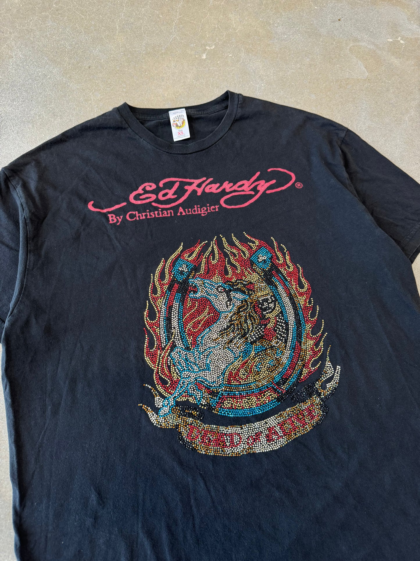 Vintage 2000s Ed Hardy by Christian Audigier Bedazzled Flame Skull T-Shirt [XL]