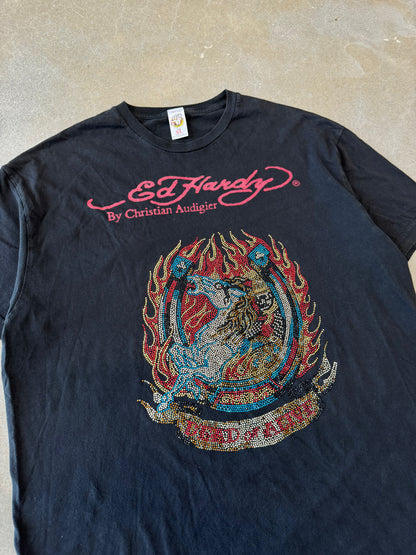 Vintage 2000s Ed Hardy by Christian Audigier Bedazzled Flame Skull T-Shirt [XL]