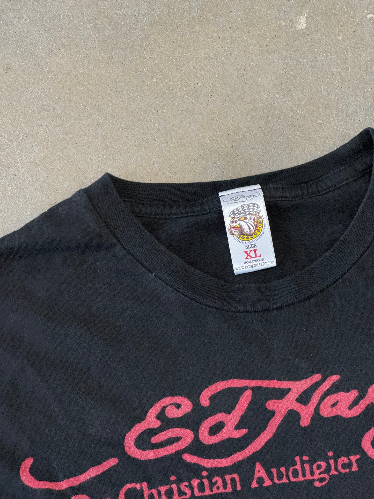 Vintage 2000s Ed Hardy by Christian Audigier Bedazzled Flame Skull T-Shirt [XL]