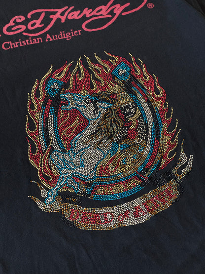 Vintage 2000s Ed Hardy by Christian Audigier Bedazzled Flame Skull T-Shirt [XL]